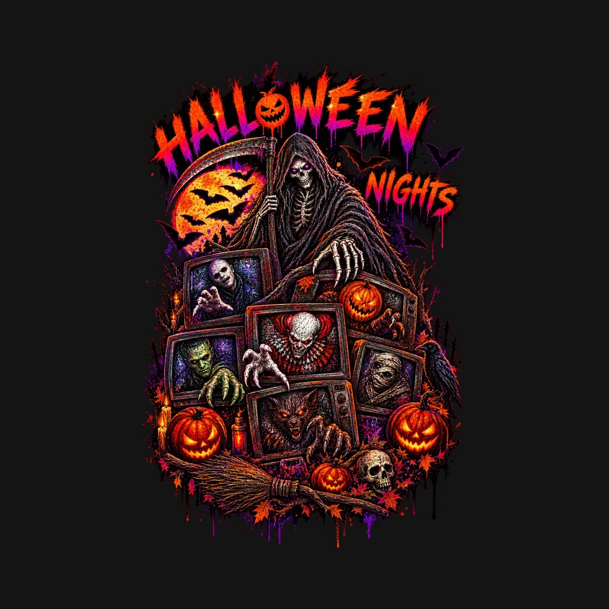 Koszulka męska czarna Halloween kosiarz śmierci potwory prezent, zdjęcie 2