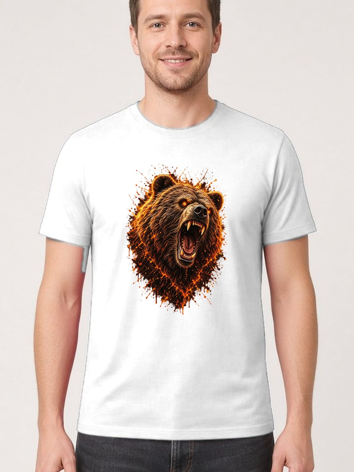 Koszulka męska biała z niedźwiedziem grizzly ognisty nadruk, zdjęcie 1