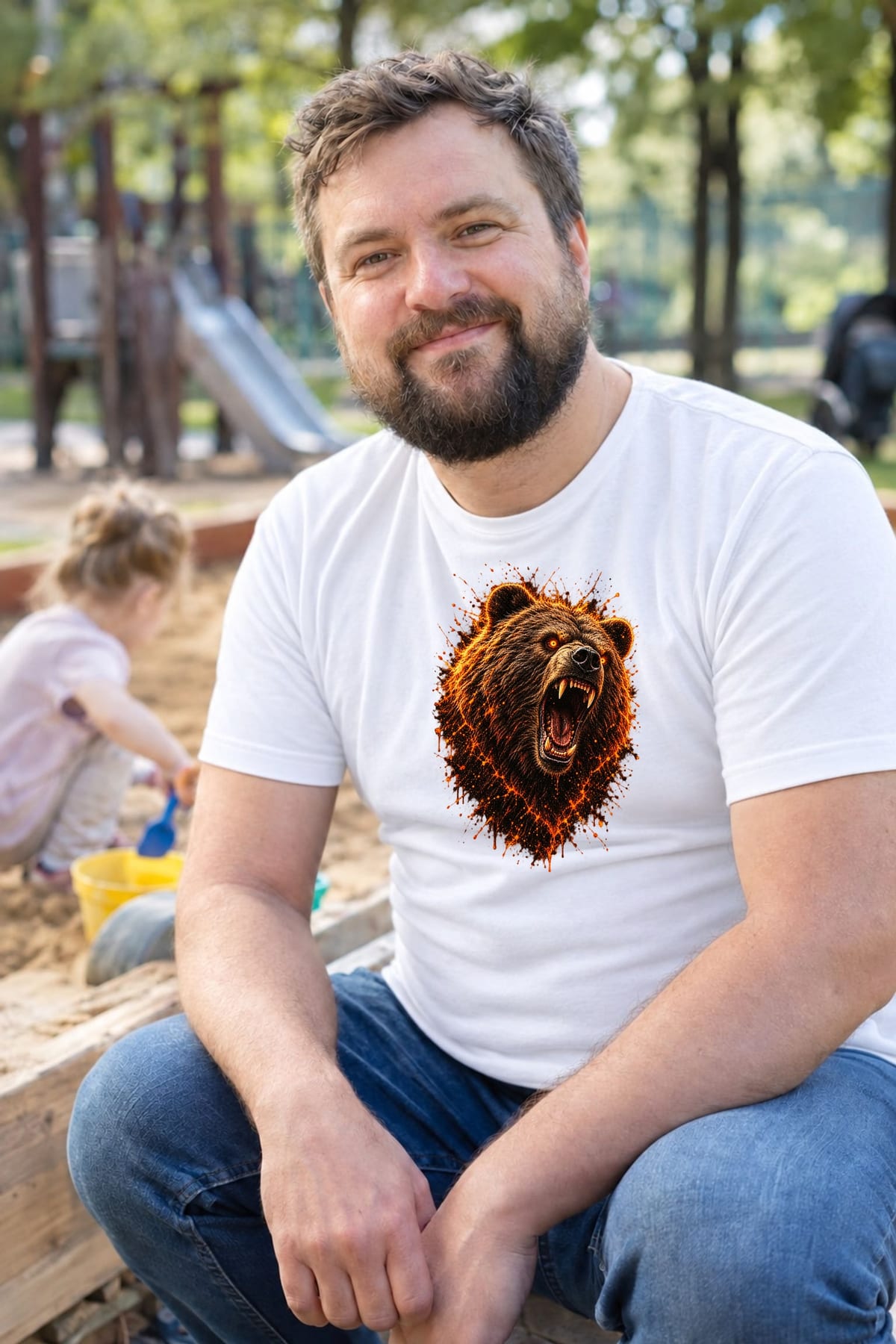 Koszulka męska biała z niedźwiedziem grizzly ognisty nadruk, zdjęcie 8