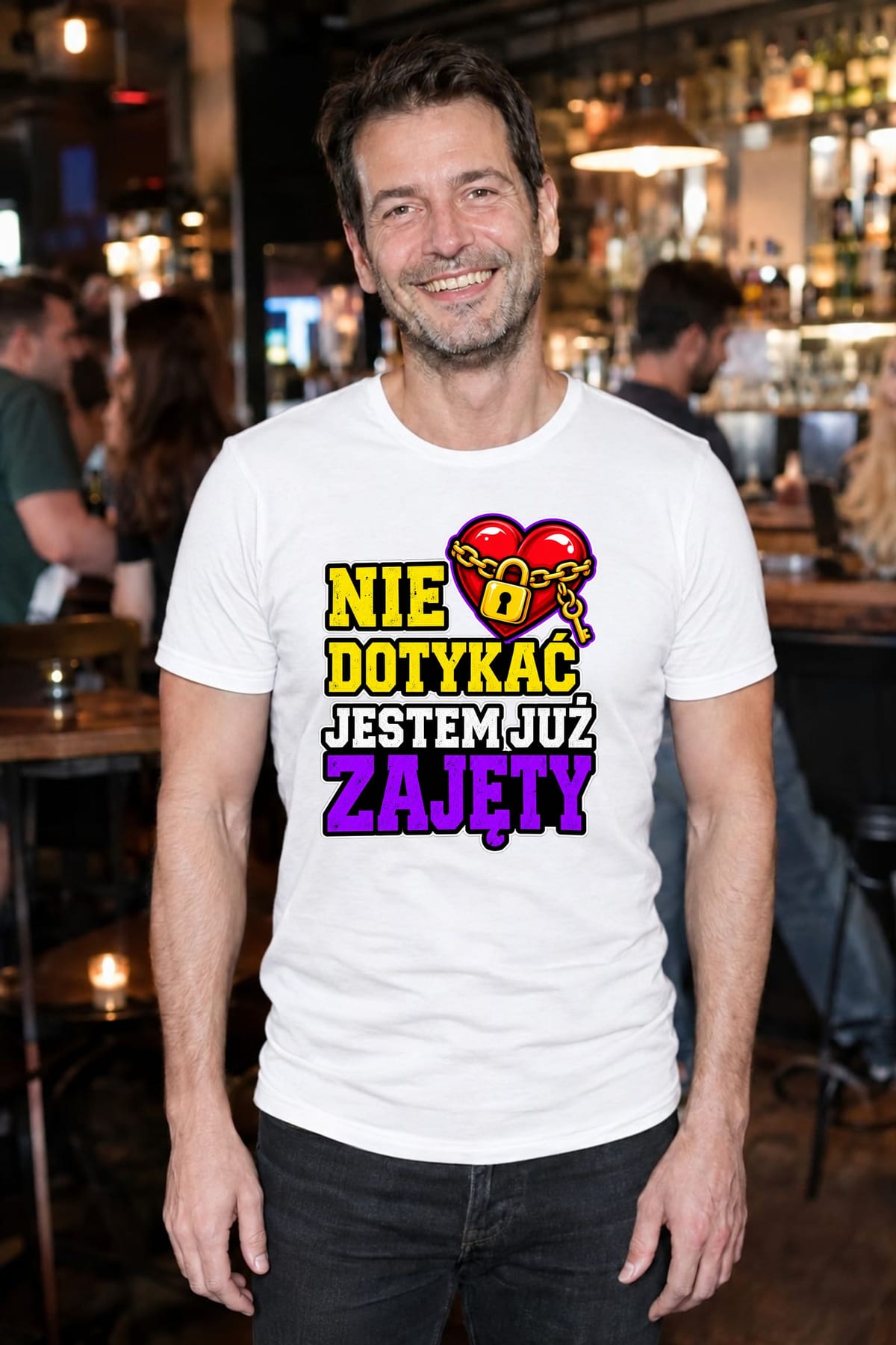 Koszulka męska biała nie dotykać jestem już zajęty dla męża prezent, zdjęcie 3