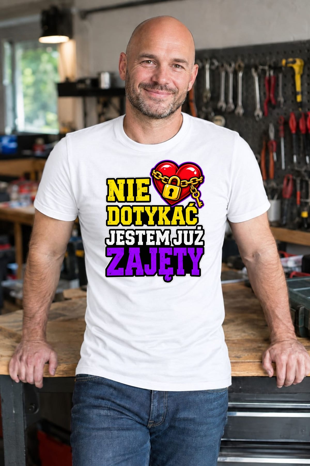 Koszulka męska biała nie dotykać jestem już zajęty dla męża prezent, zdjęcie 7