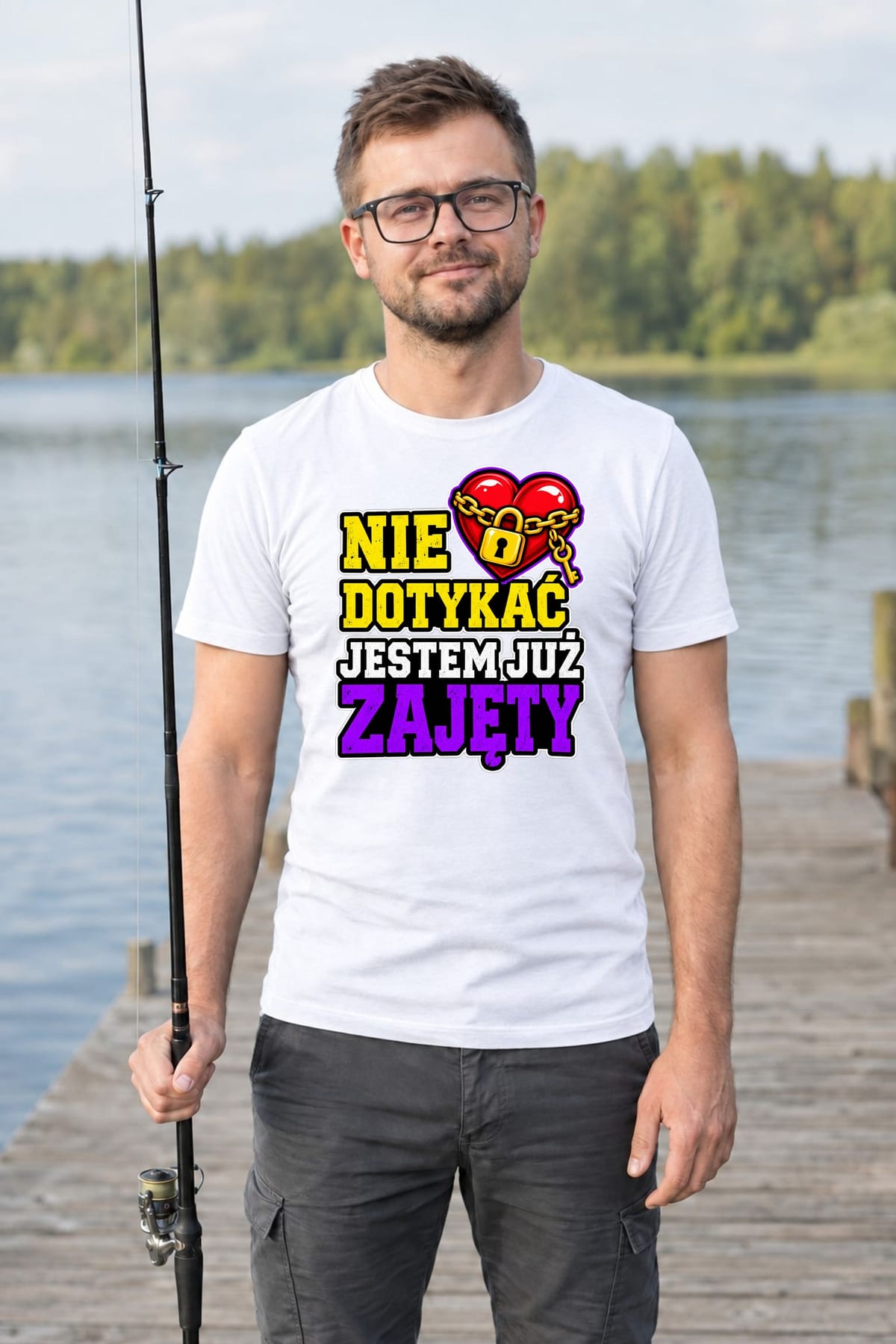 Koszulka męska biała nie dotykać jestem już zajęty dla męża prezent, zdjęcie 8