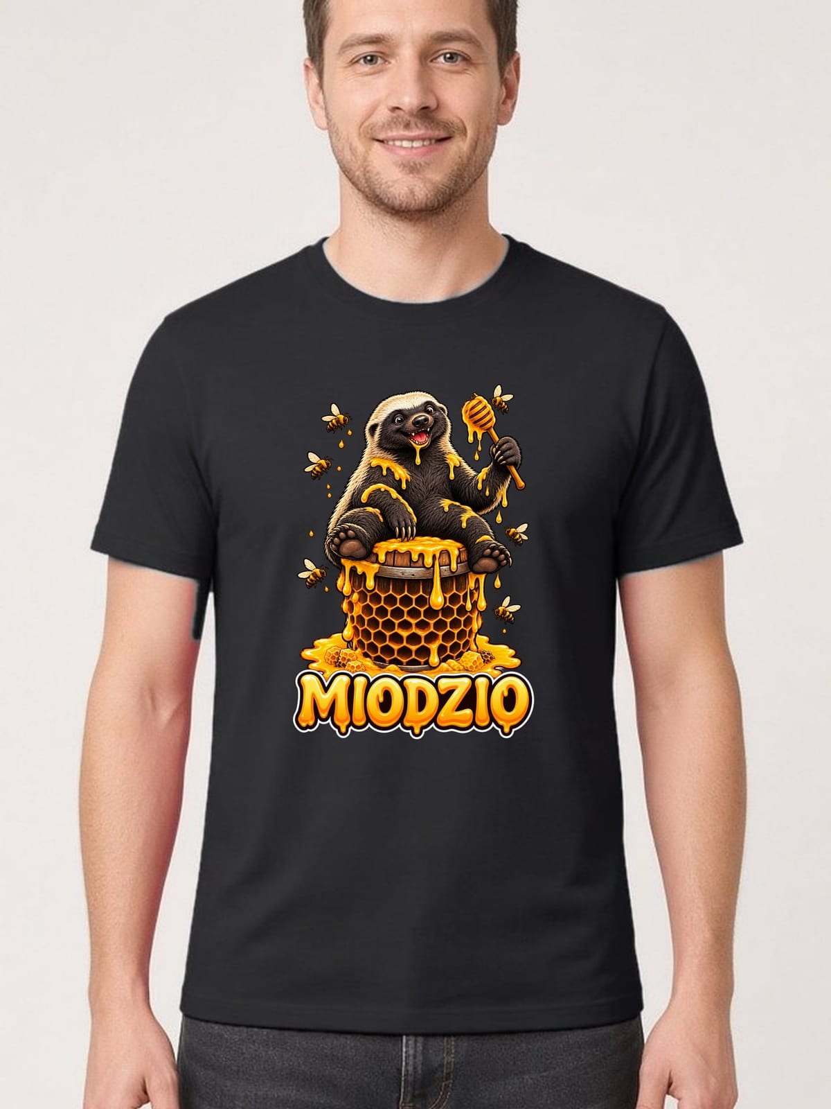 Koszulka męska czarna miodzio borsuk miłośnik miodu prezent