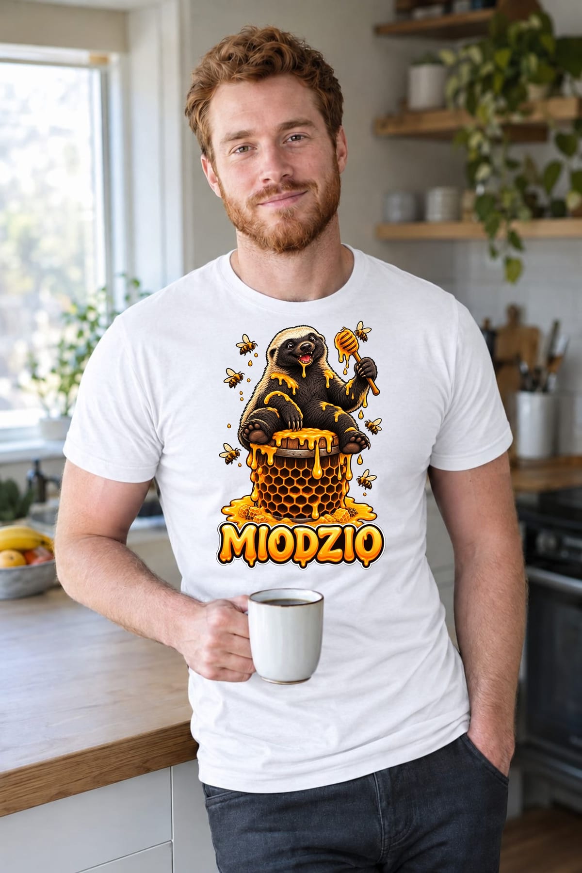 Koszulka męska biała miodzio borsuk miłośnik miodu prezent, zdjęcie 3