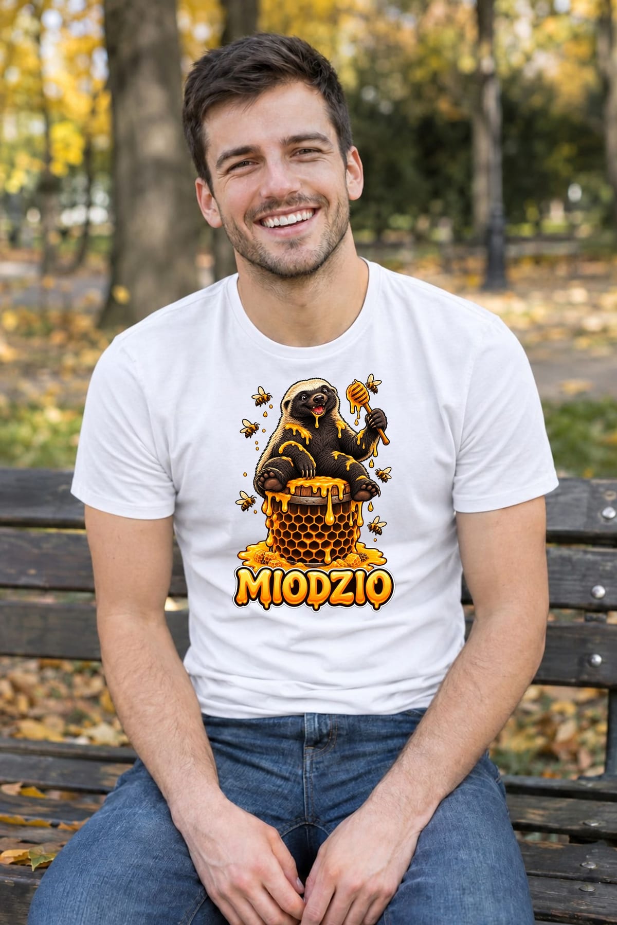 Koszulka męska biała miodzio borsuk miłośnik miodu prezent, zdjęcie 8