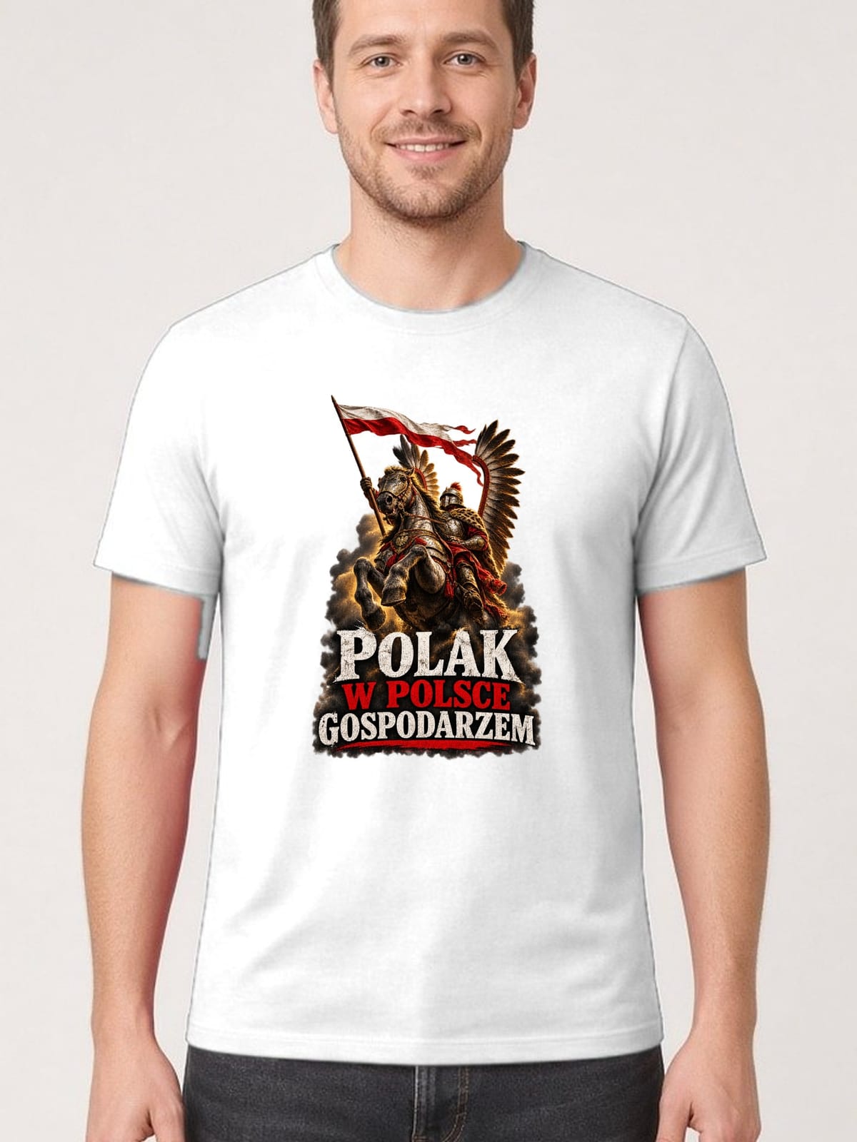 Koszulka męska biała polak w polsce gospodarzem husaria patriotyczna, zdjęcie 1