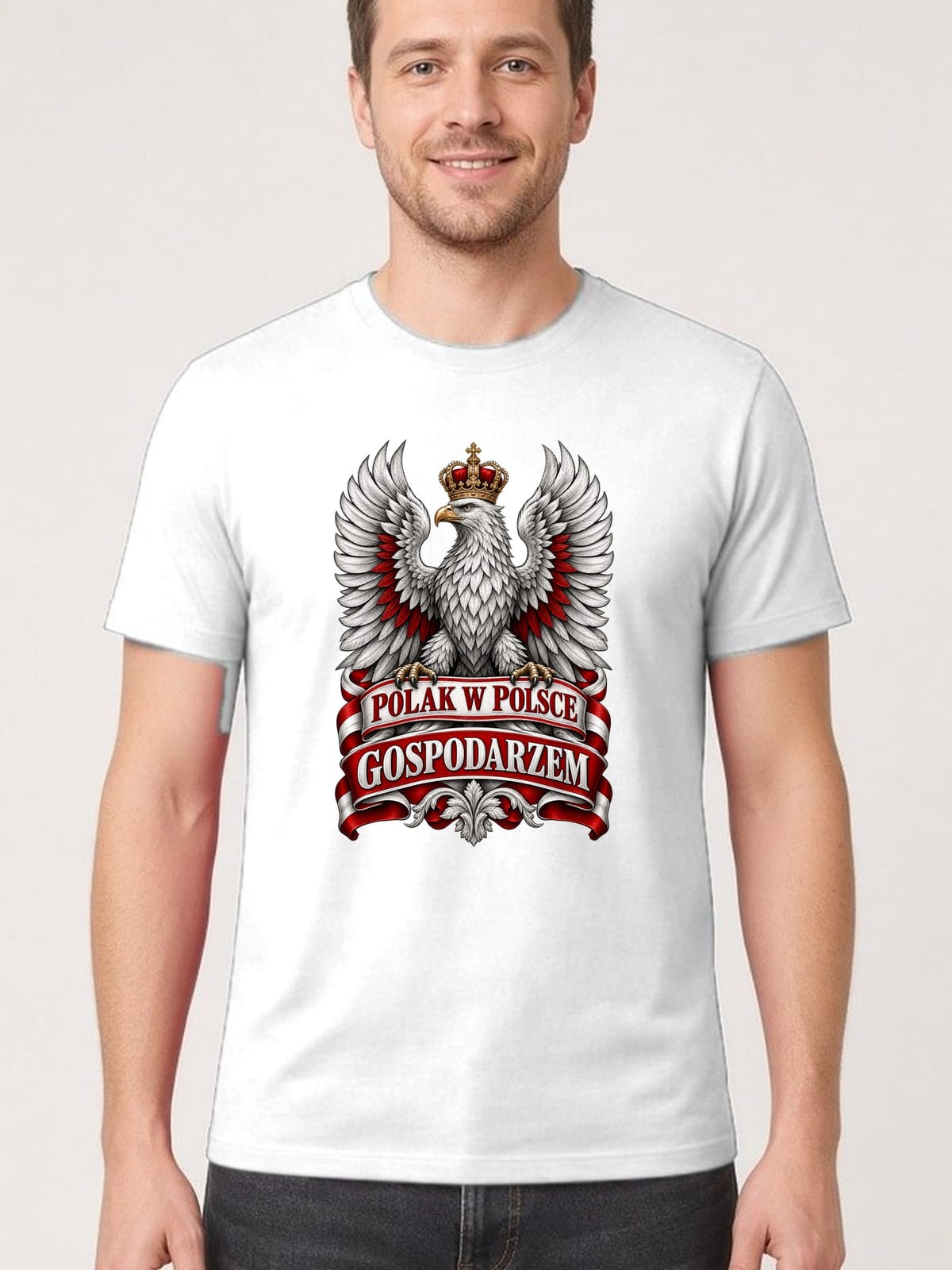 Koszulka męska biała polak w polsce gospodarzem orzeł patriotyczna, zdjęcie 1
