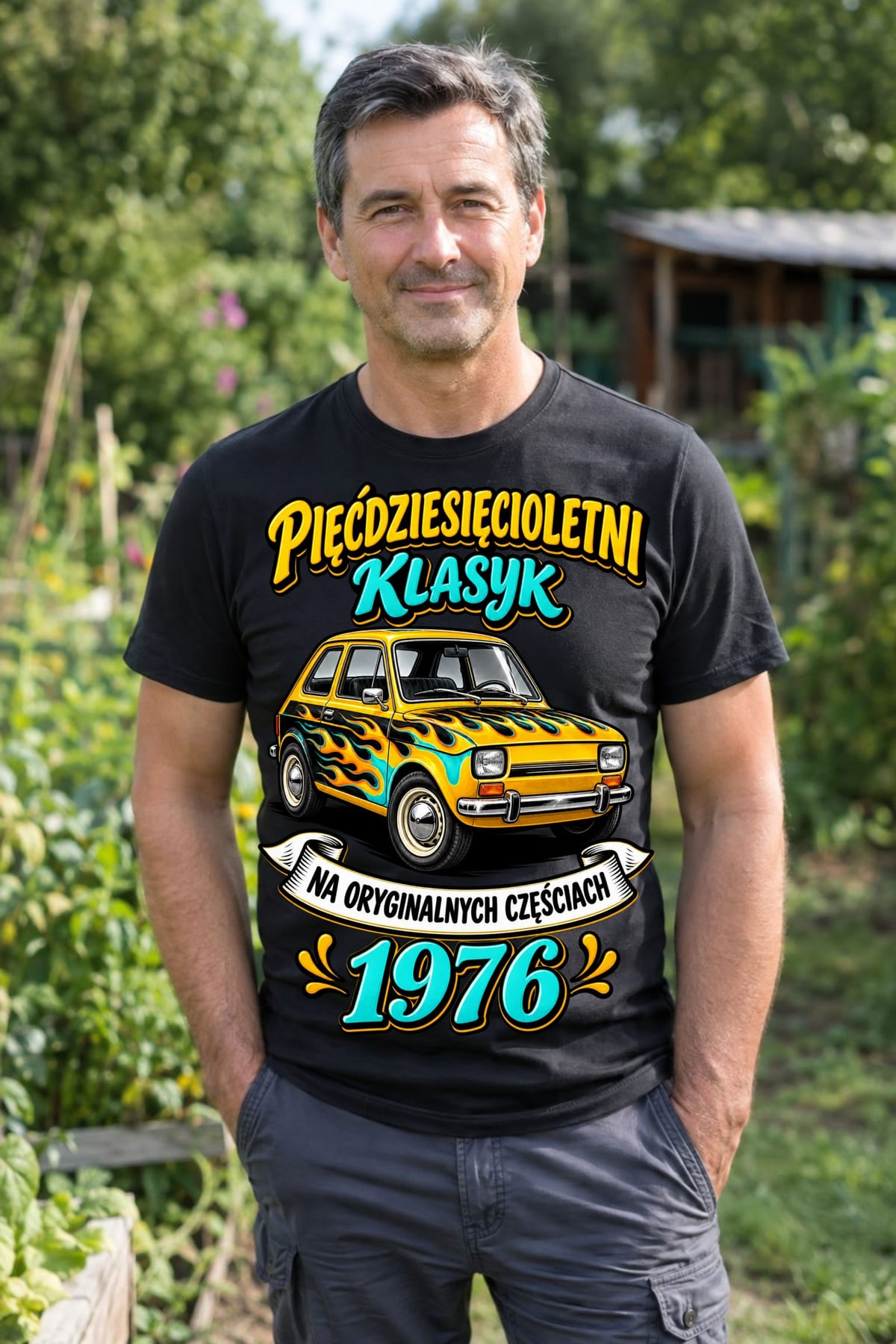Koszulka męska czarna na 50 urodziny Maluch klasyk rocznik 1976 prezent, zdjęcie 6