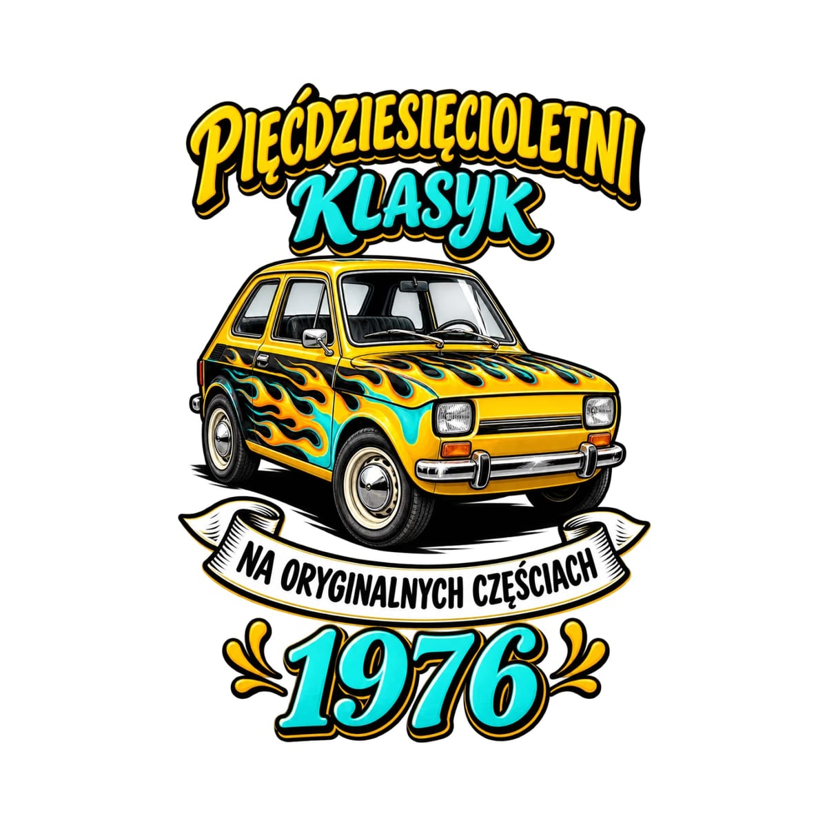 Koszulka męska biała na 50 urodziny Maluch klasyk rocznik 1976 prezent, zdjęcie 2
