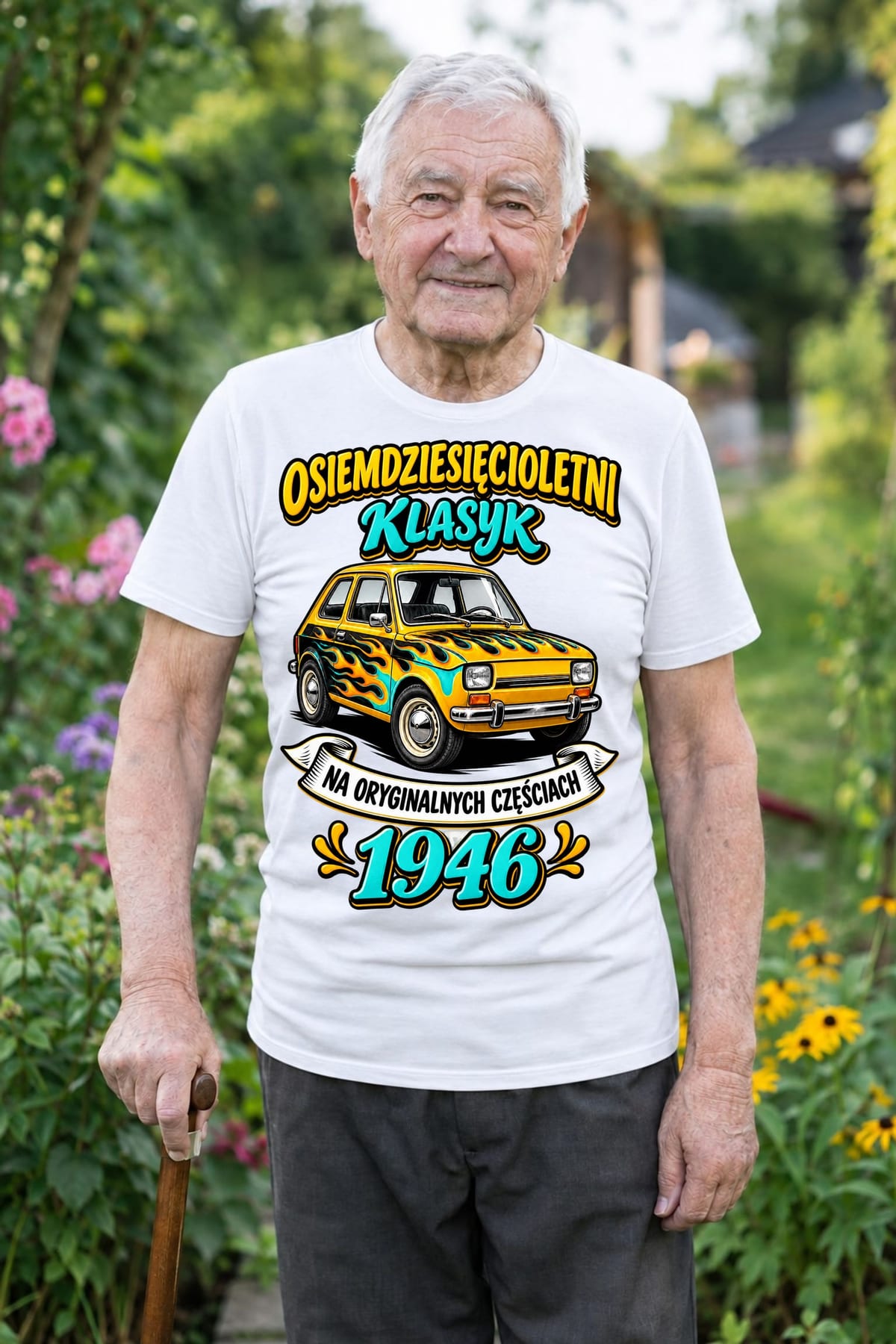 Koszulka męska biała na 80 urodziny Maluch rocznik 1946 prezent, zdjęcie 1
