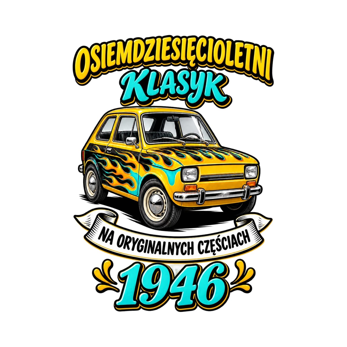 Koszulka męska biała na 80 urodziny Maluch rocznik 1946 prezent, zdjęcie 2