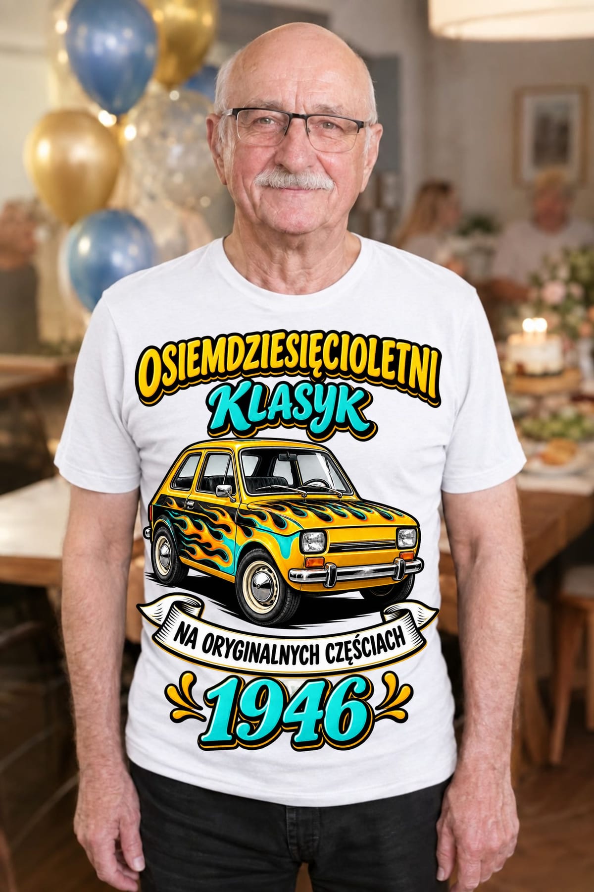 Koszulka męska biała na 80 urodziny Maluch rocznik 1946 prezent, zdjęcie 3