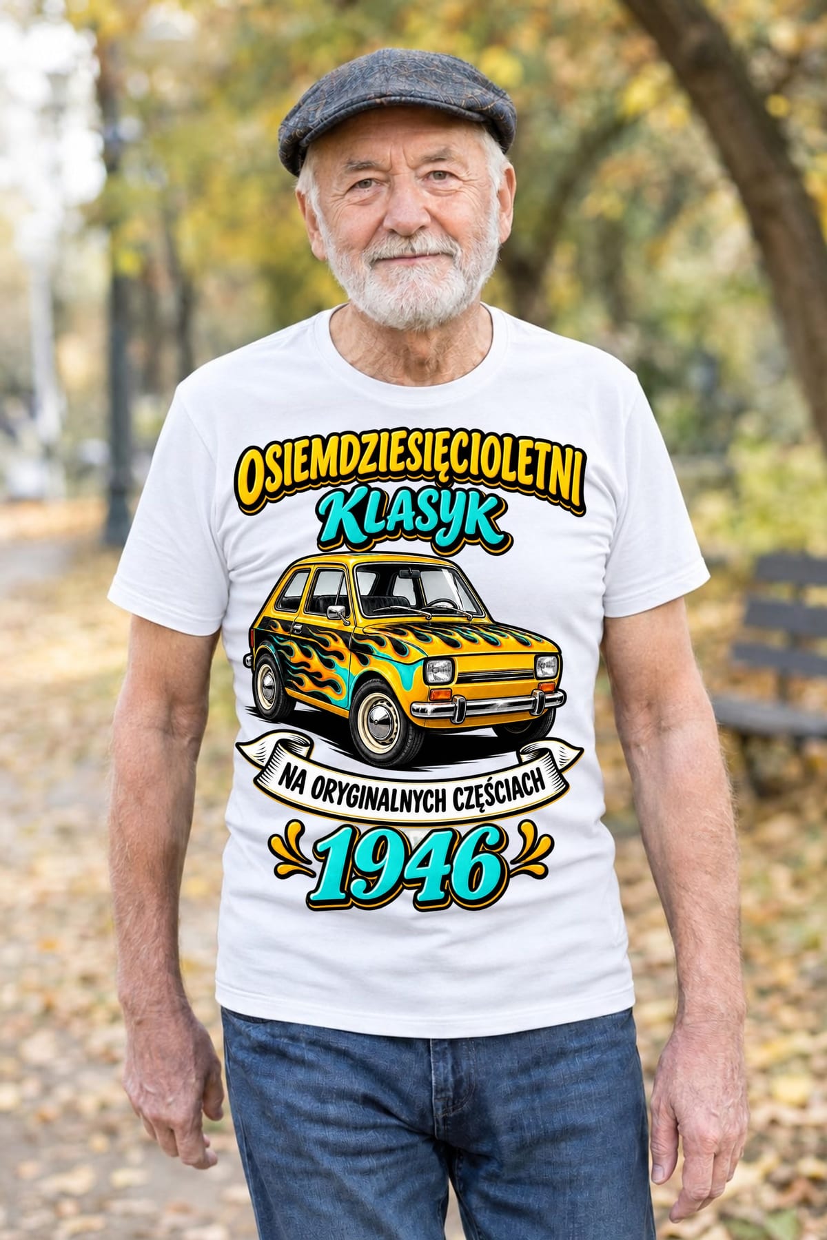 Koszulka męska biała na 80 urodziny Maluch rocznik 1946 prezent, zdjęcie 6