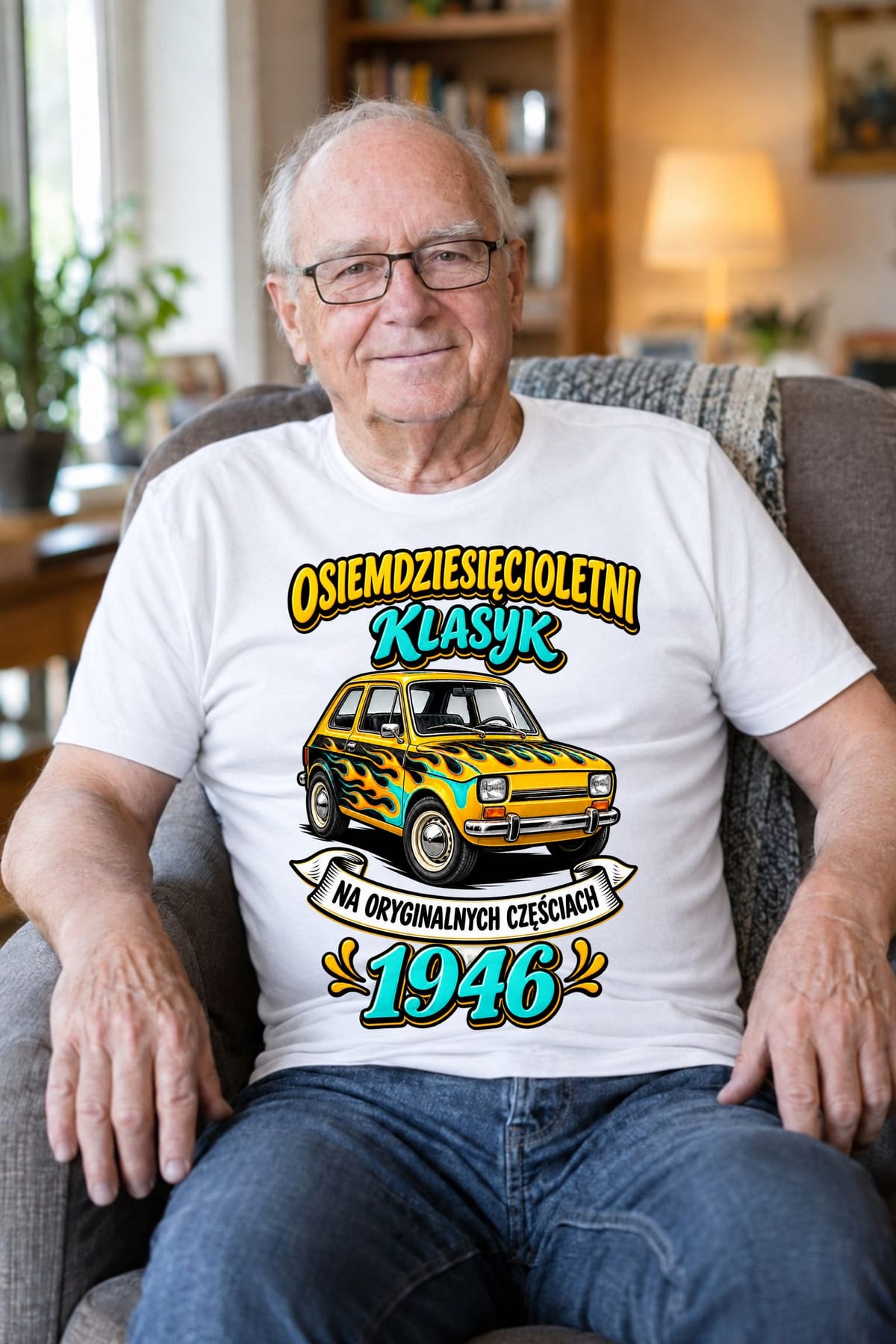 Koszulka męska biała na 80 urodziny Maluch rocznik 1946 prezent, zdjęcie 7