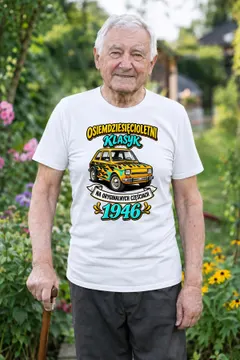 Koszulka męska biała na 80 urodziny Maluch rocznik 1946 prezent