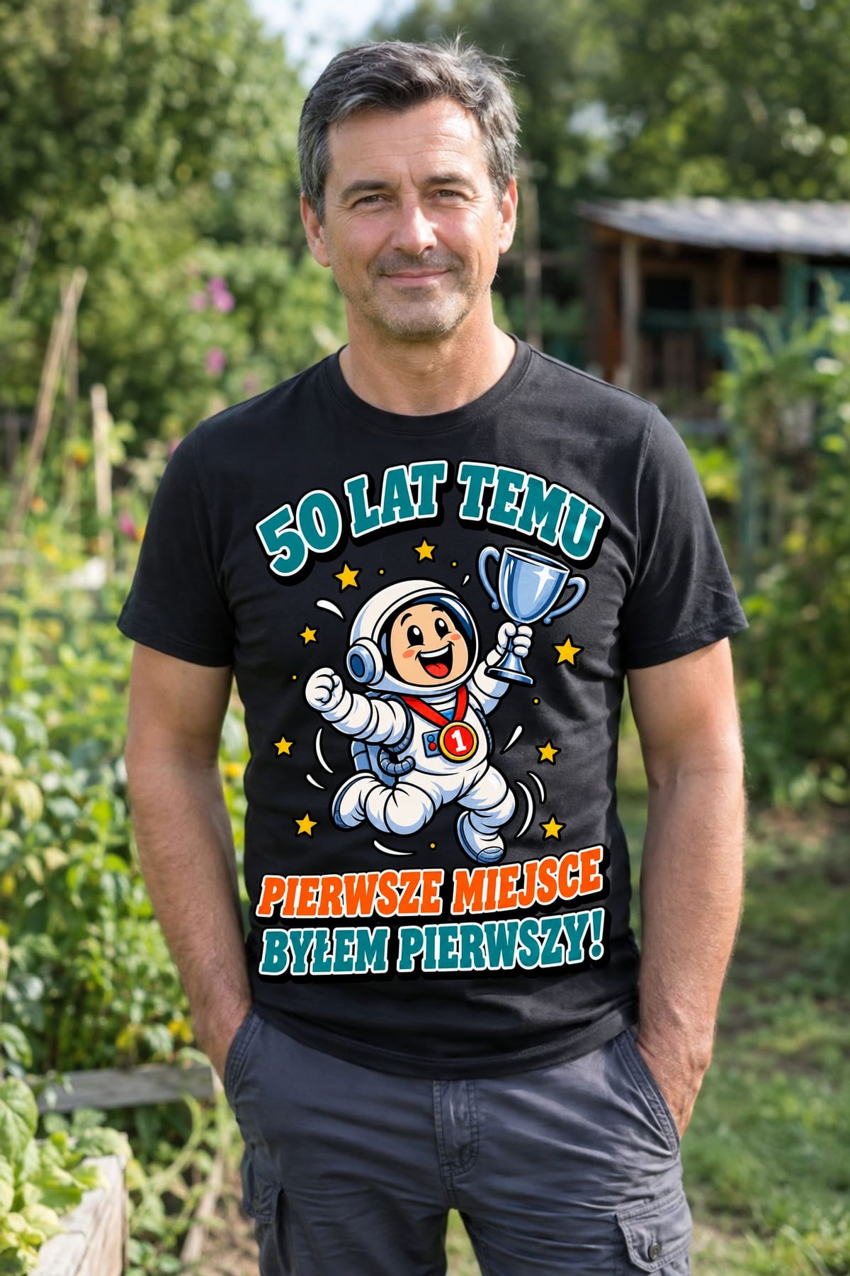 Koszulka męska czarna na 50 urodziny byłem pierwszy astronauta prezent, zdjęcie 4