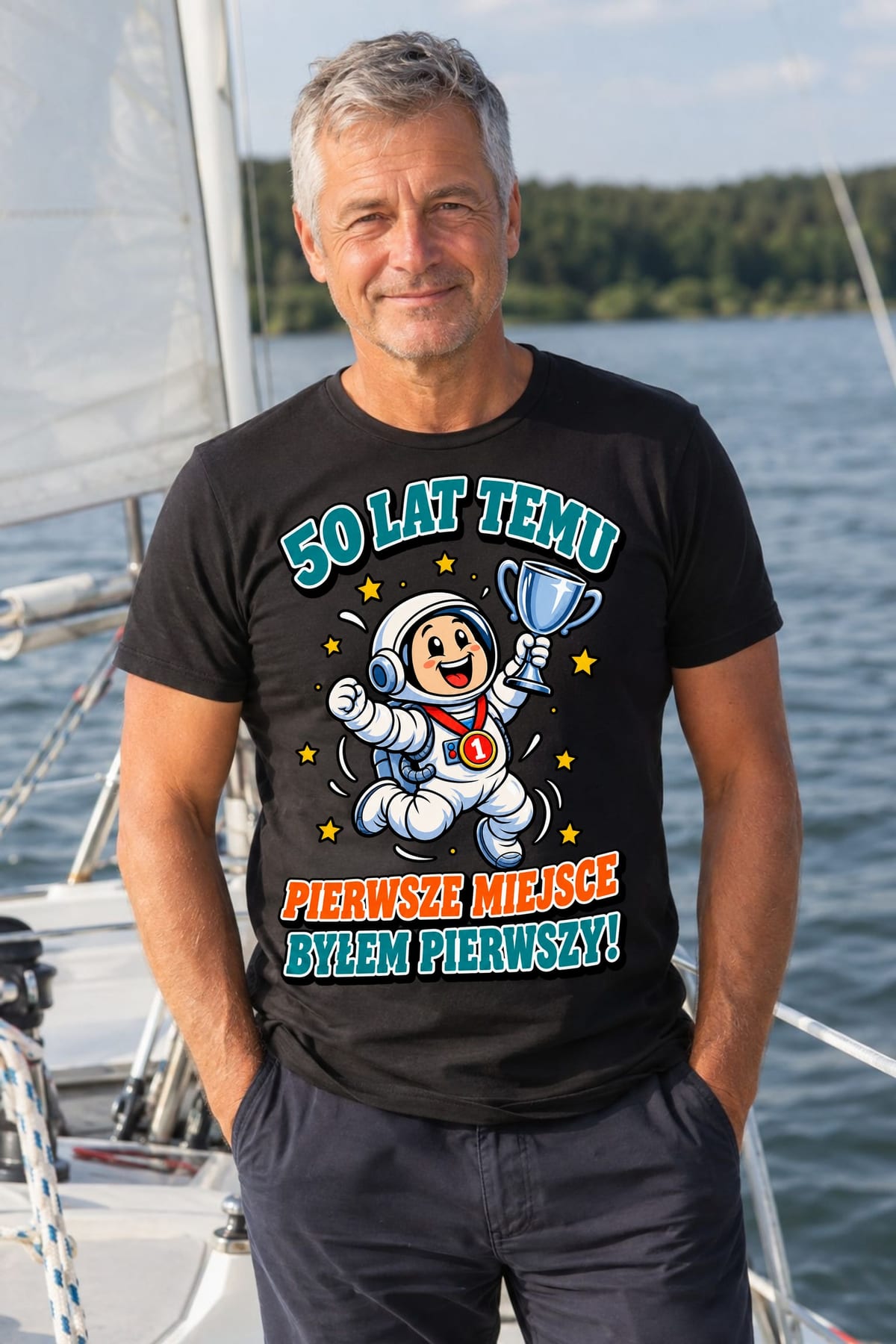 Koszulka męska czarna na 50 urodziny byłem pierwszy astronauta prezent, zdjęcie 5