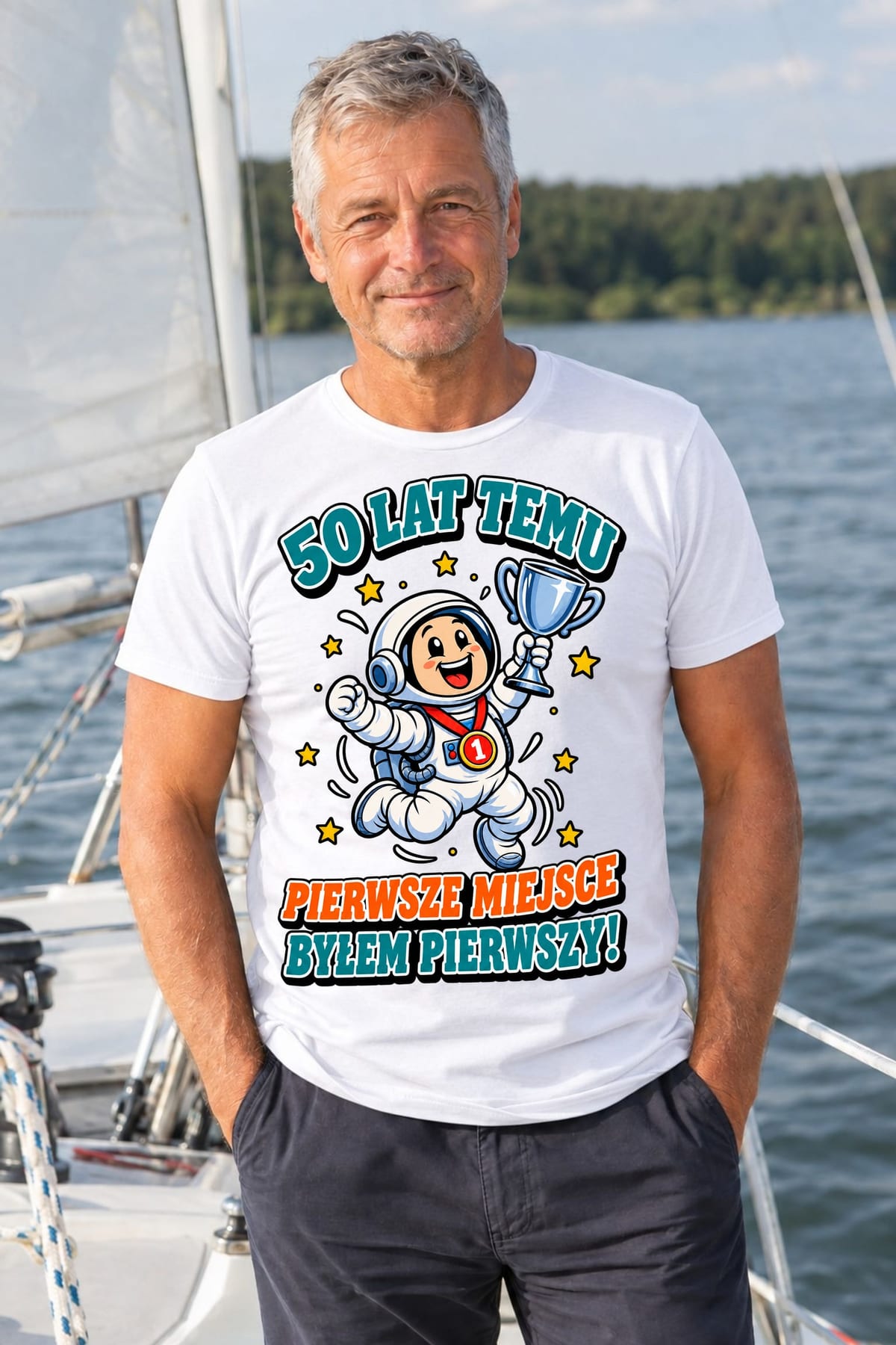 Koszulka męska biała na 50 urodziny byłem pierwszy astronauta prezent, zdjęcie 1