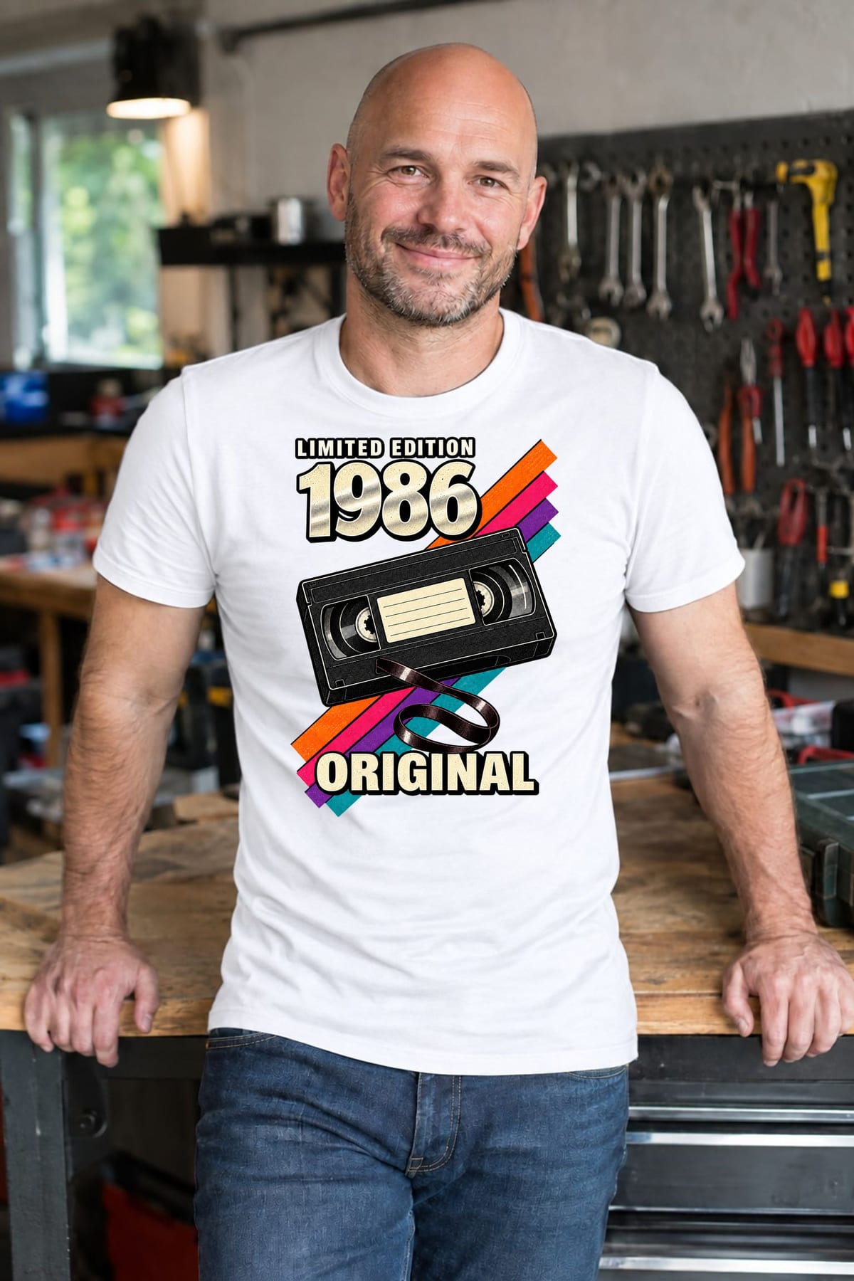 Koszulka męska biała na 40 urodziny rocznik 1986 kaseta VHS prezent, zdjęcie 1