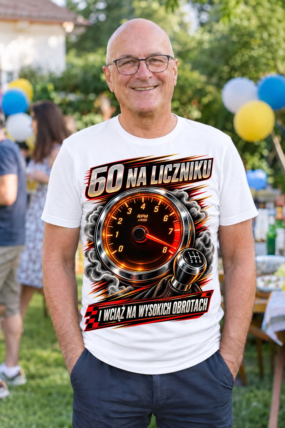 Koszulka męska biała na 60 urodziny obrotomierz dla kierowcy, zdjęcie 5