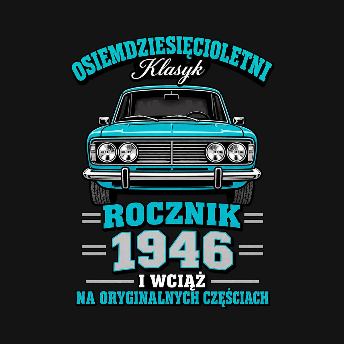 Koszulka męska czarna na 80 urodziny Duży Fiat 125p rocznik 1946, zdjęcie 2
