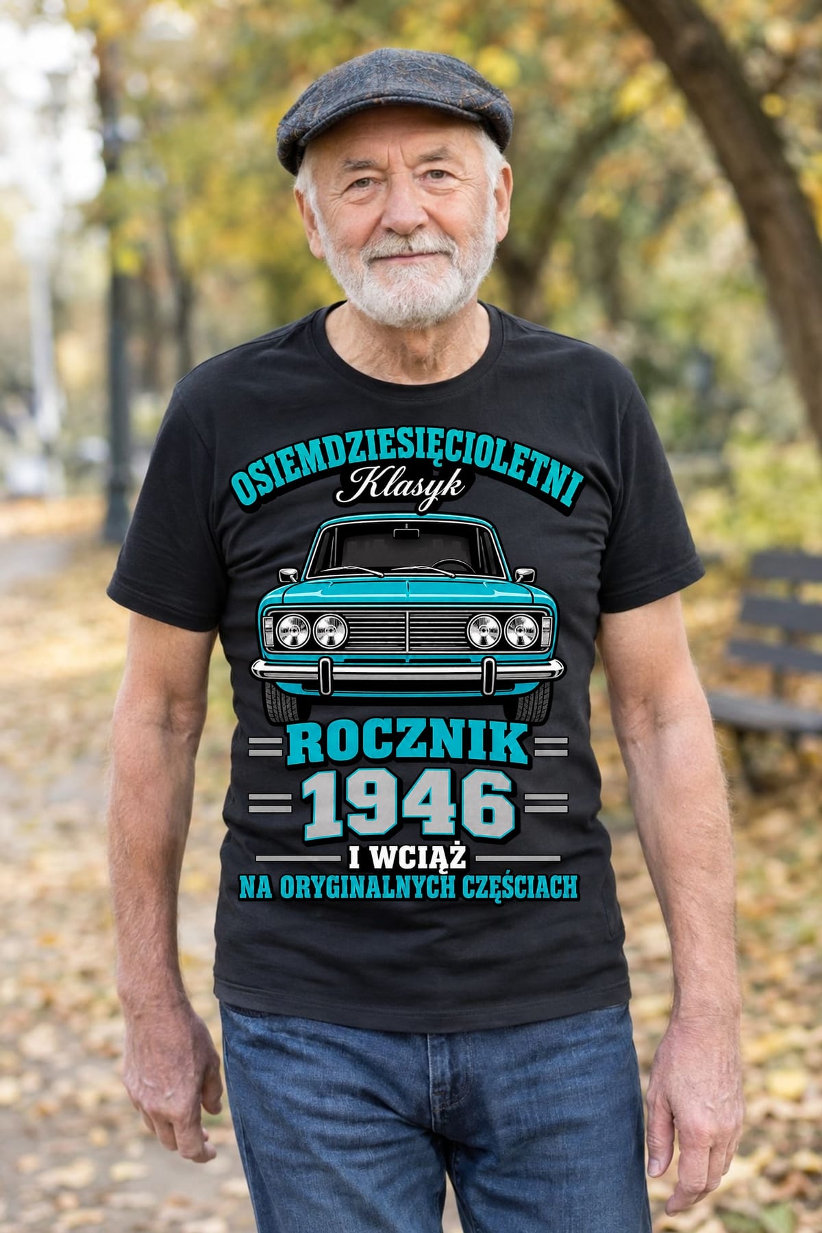 Koszulka męska czarna na 80 urodziny Duży Fiat 125p rocznik 1946, zdjęcie 3