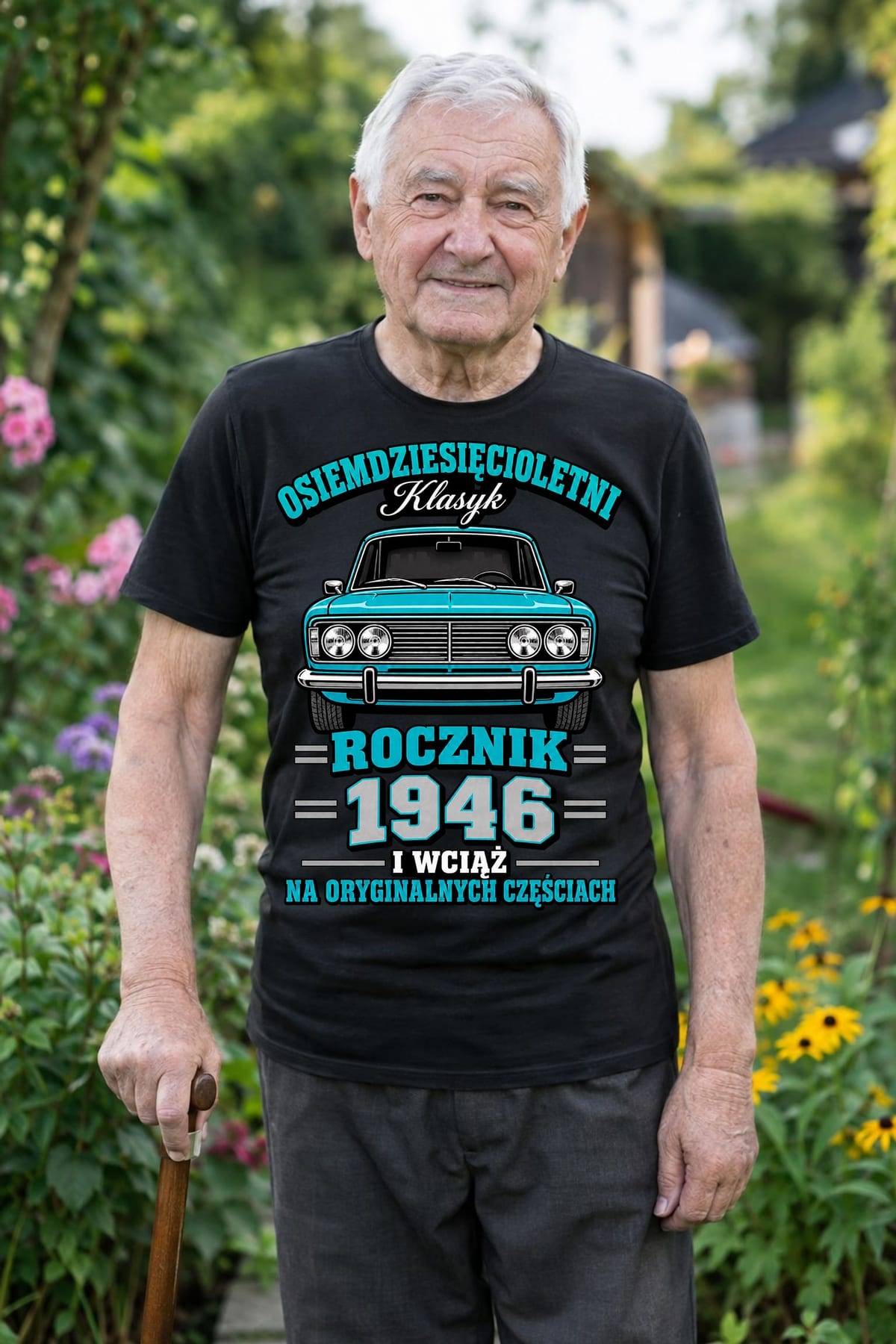 Koszulka męska czarna na 80 urodziny Duży Fiat 125p rocznik 1946, zdjęcie 5