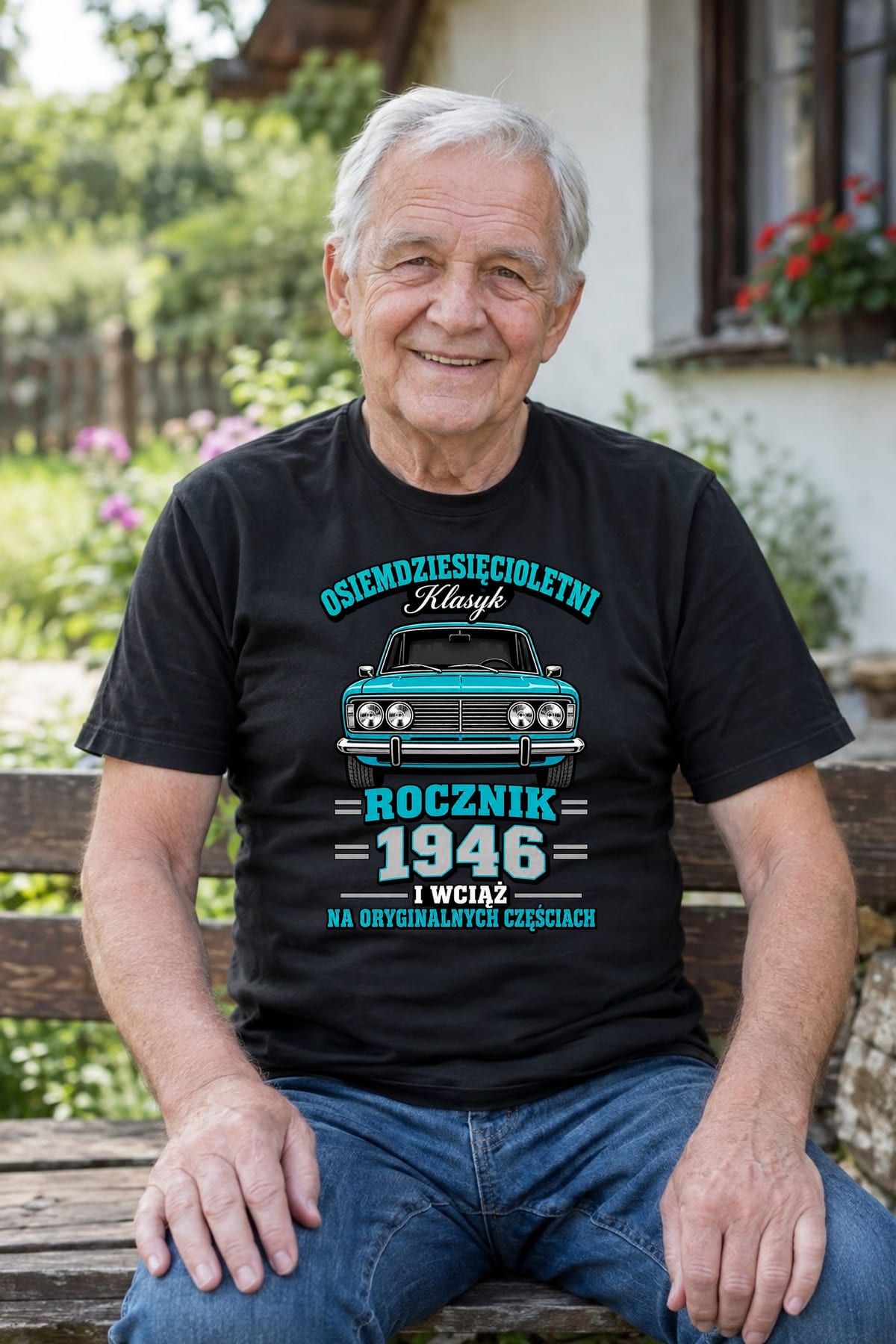 Koszulka męska czarna na 80 urodziny Duży Fiat 125p rocznik 1946, zdjęcie 6