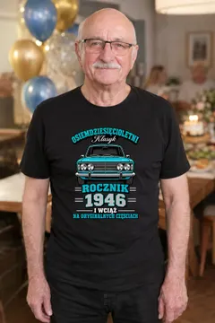 Koszulka męska czarna na 80 urodziny Duży Fiat 125p rocznik 1946