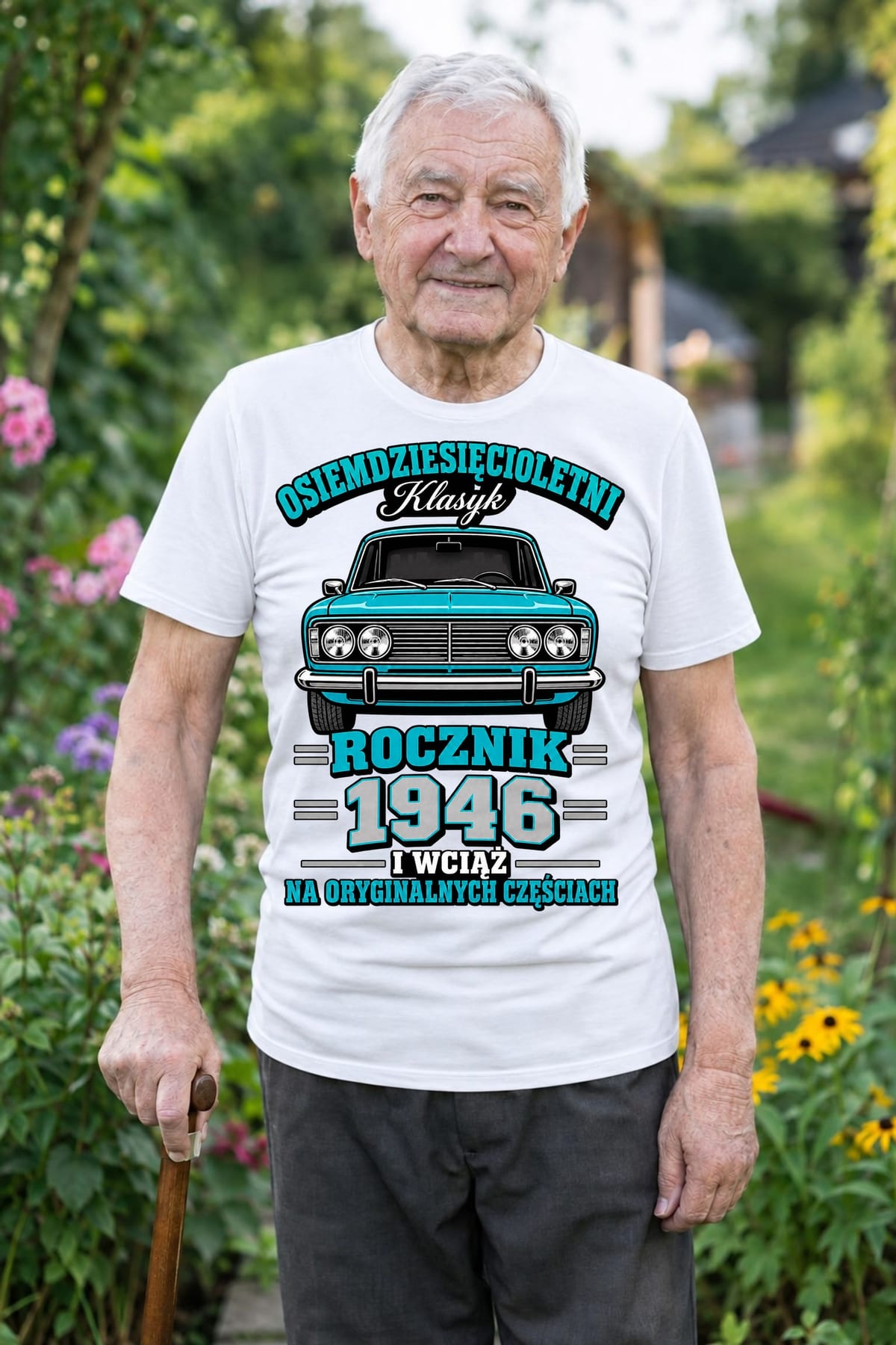 Koszulka męska biała na 80 urodziny Duży Fiat 125p rocznik 1946, zdjęcie 1