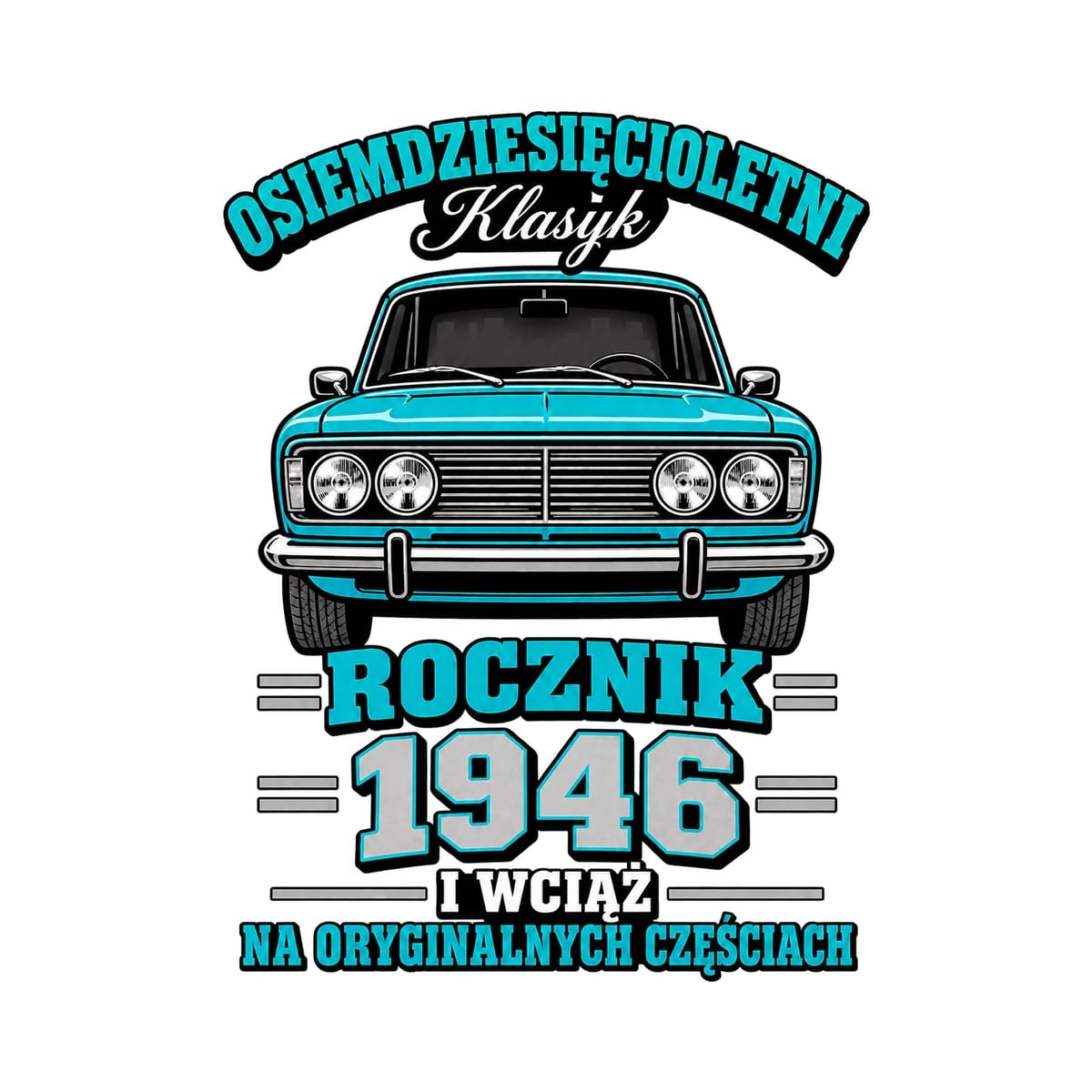 Koszulka męska biała na 80 urodziny Duży Fiat 125p rocznik 1946, zdjęcie 2