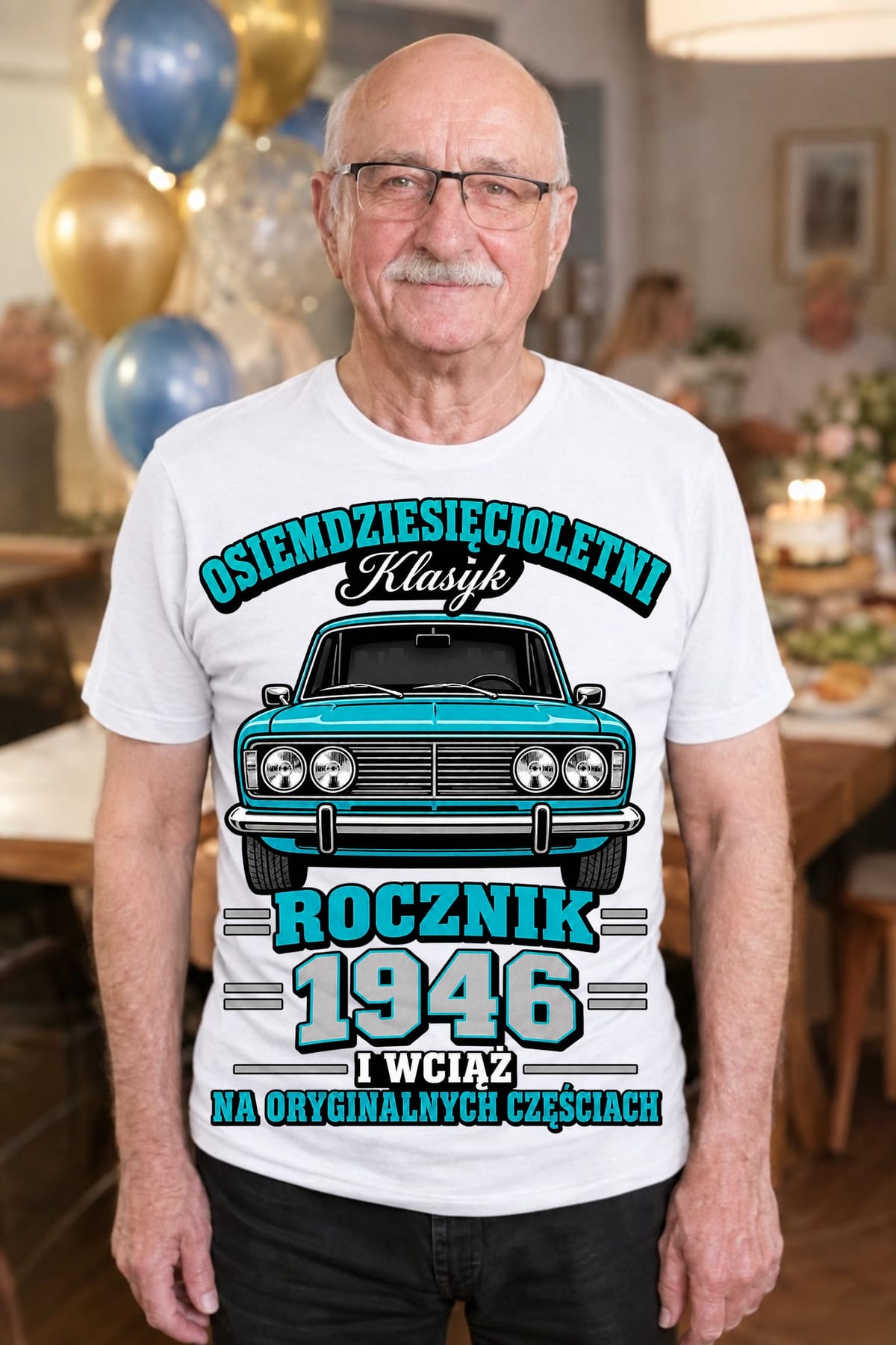 Koszulka męska biała na 80 urodziny Duży Fiat 125p rocznik 1946, zdjęcie 3