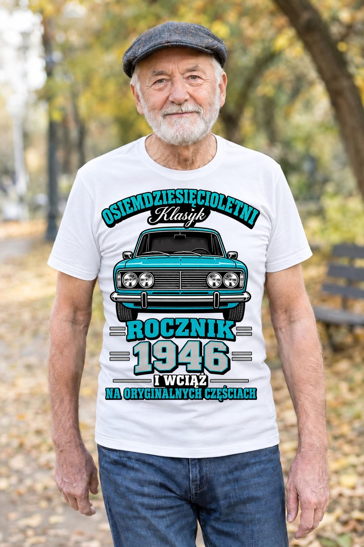 Koszulka męska biała na 80 urodziny Duży Fiat 125p rocznik 1946, zdjęcie 4