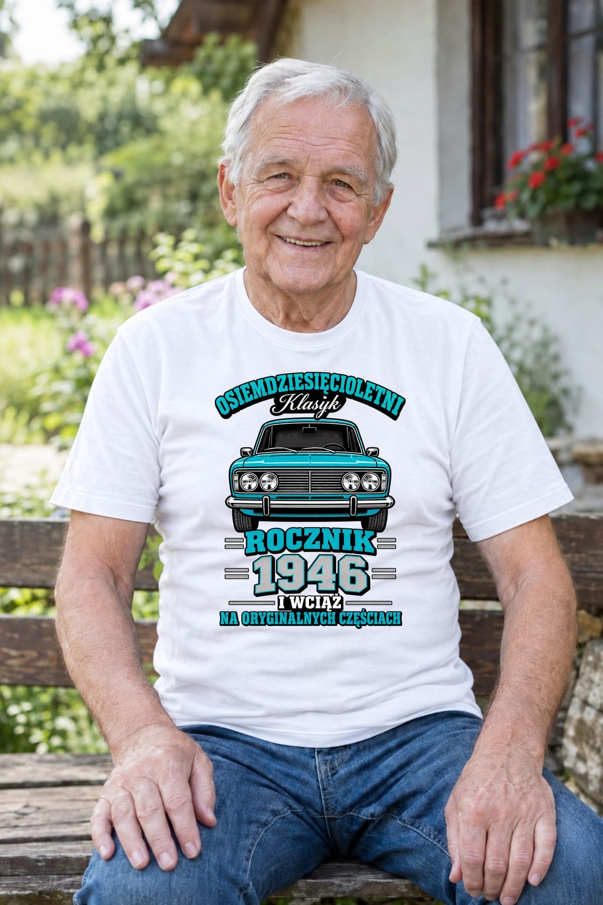 Koszulka męska biała na 80 urodziny Duży Fiat 125p rocznik 1946, zdjęcie 5