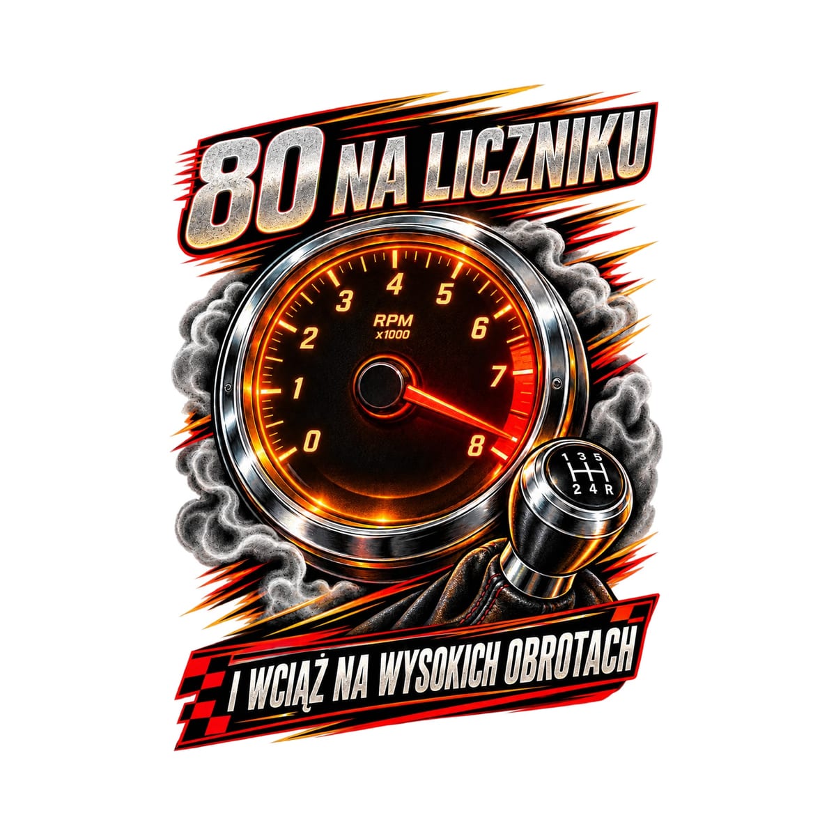 Koszulka męska biała na 80 urodziny obrotomierz prezent dla kierowcy, zdjęcie 2