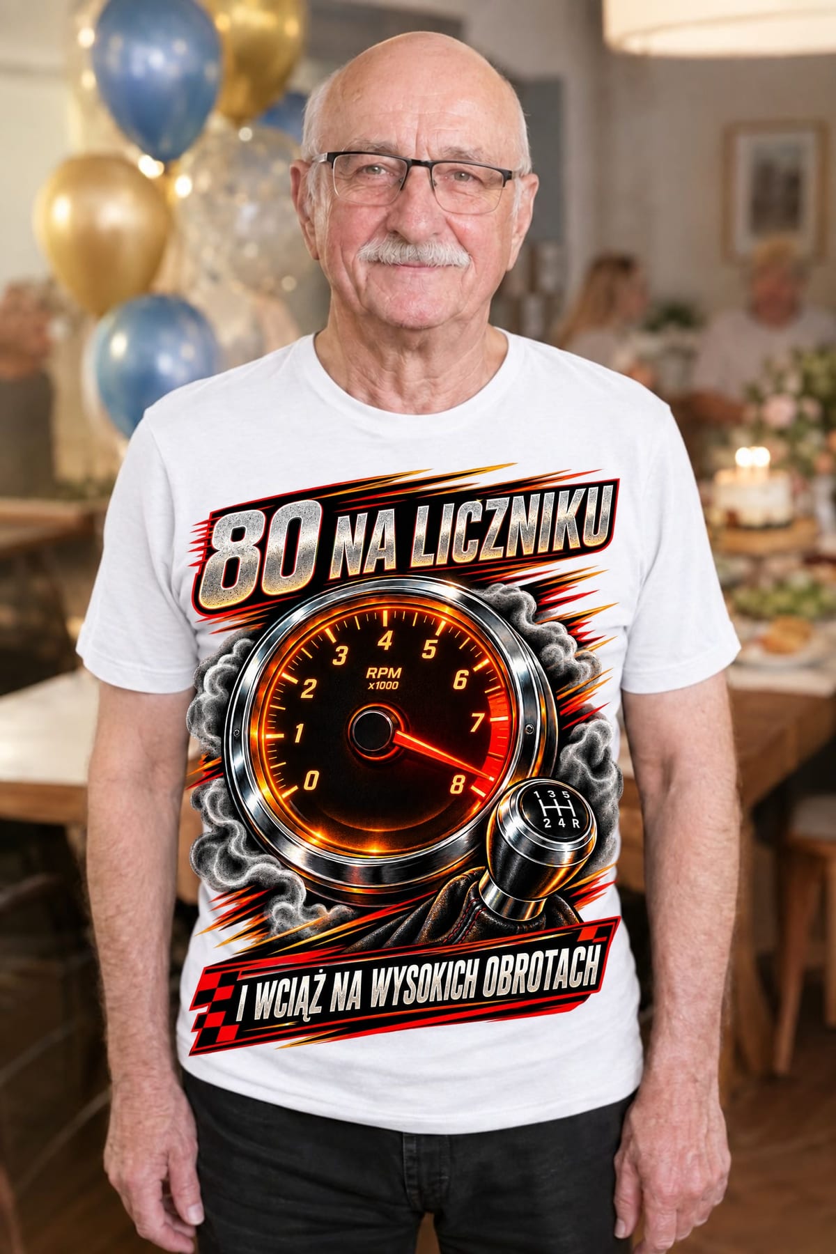 Koszulka męska biała na 80 urodziny obrotomierz prezent dla kierowcy, zdjęcie 3