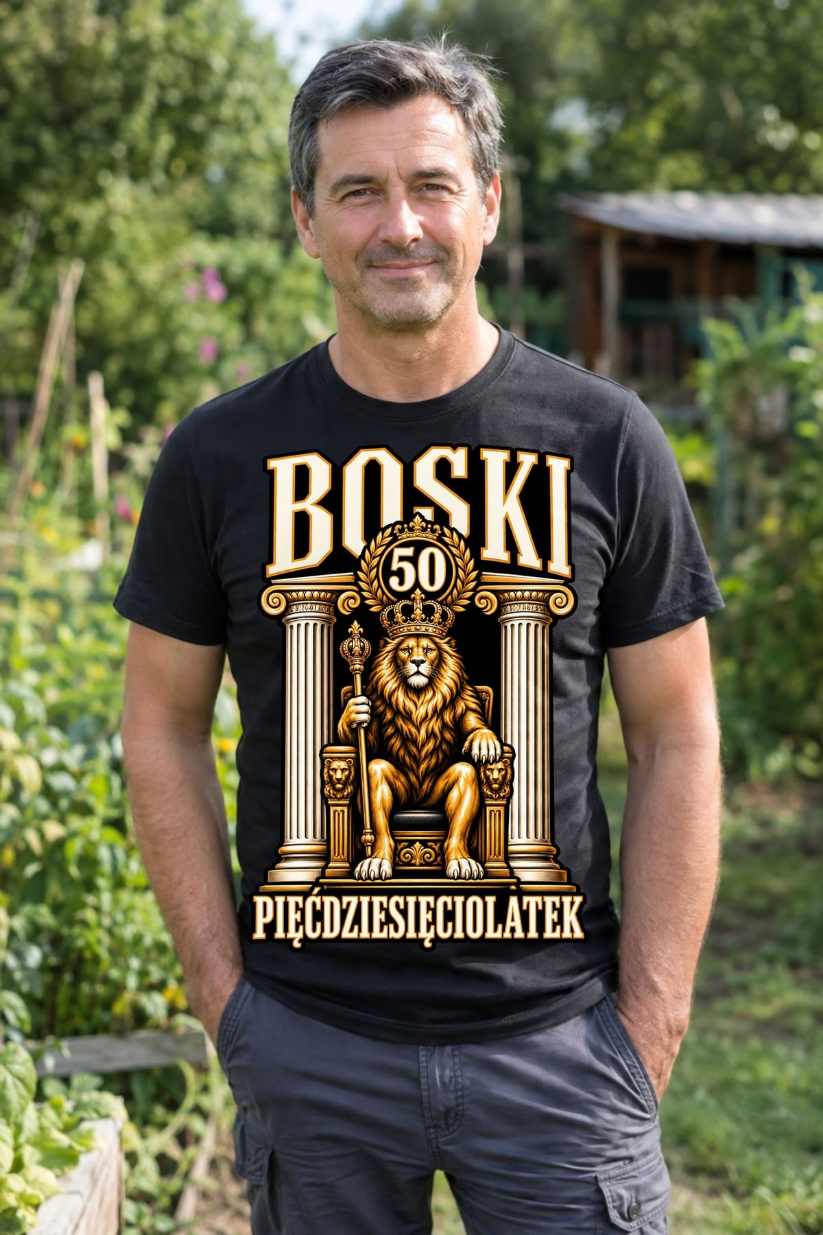 Koszulka męska czarna boski pięćdziesięciolatek na 50 urodziny lew, zdjęcie 4