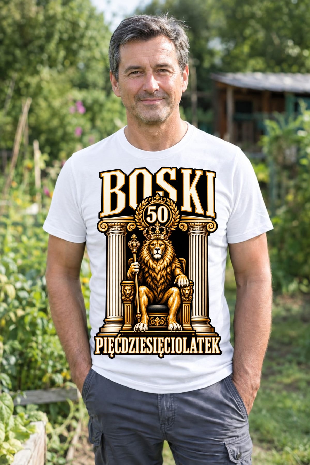 Koszulka męska biała boski pięćdziesięciolatek na 50 urodziny lew, zdjęcie 4