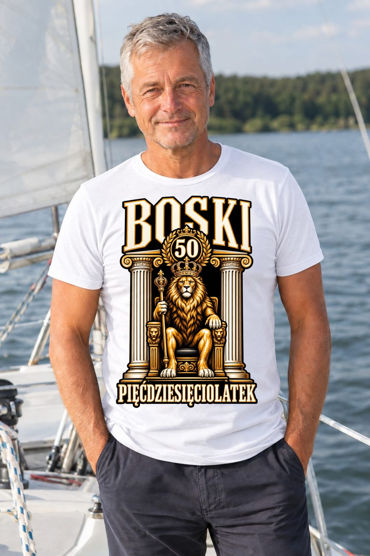 Koszulka męska biała boski pięćdziesięciolatek na 50 urodziny lew, zdjęcie 5