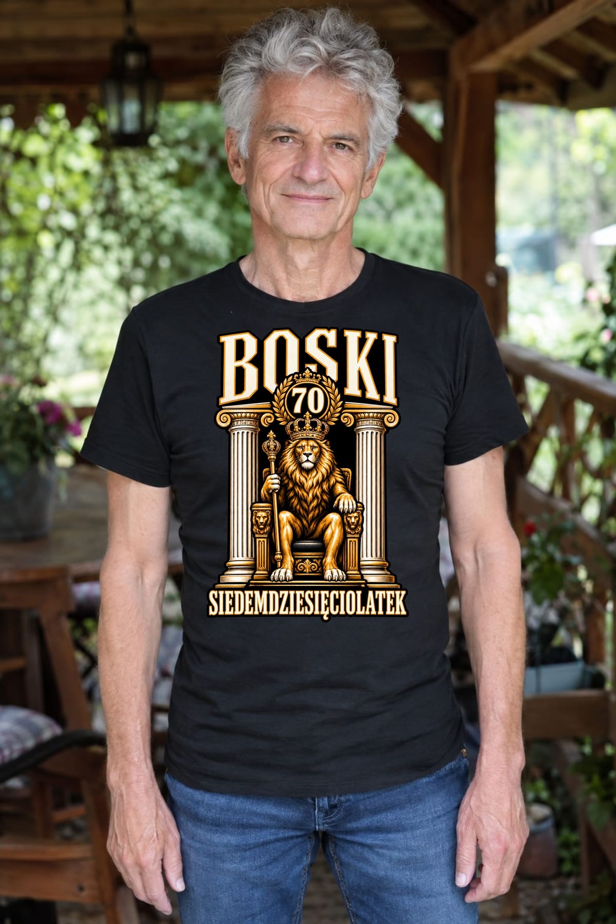 Koszulka męska czarna boski siedemdziesięciolatek na 70 urodziny lew, zdjęcie 5