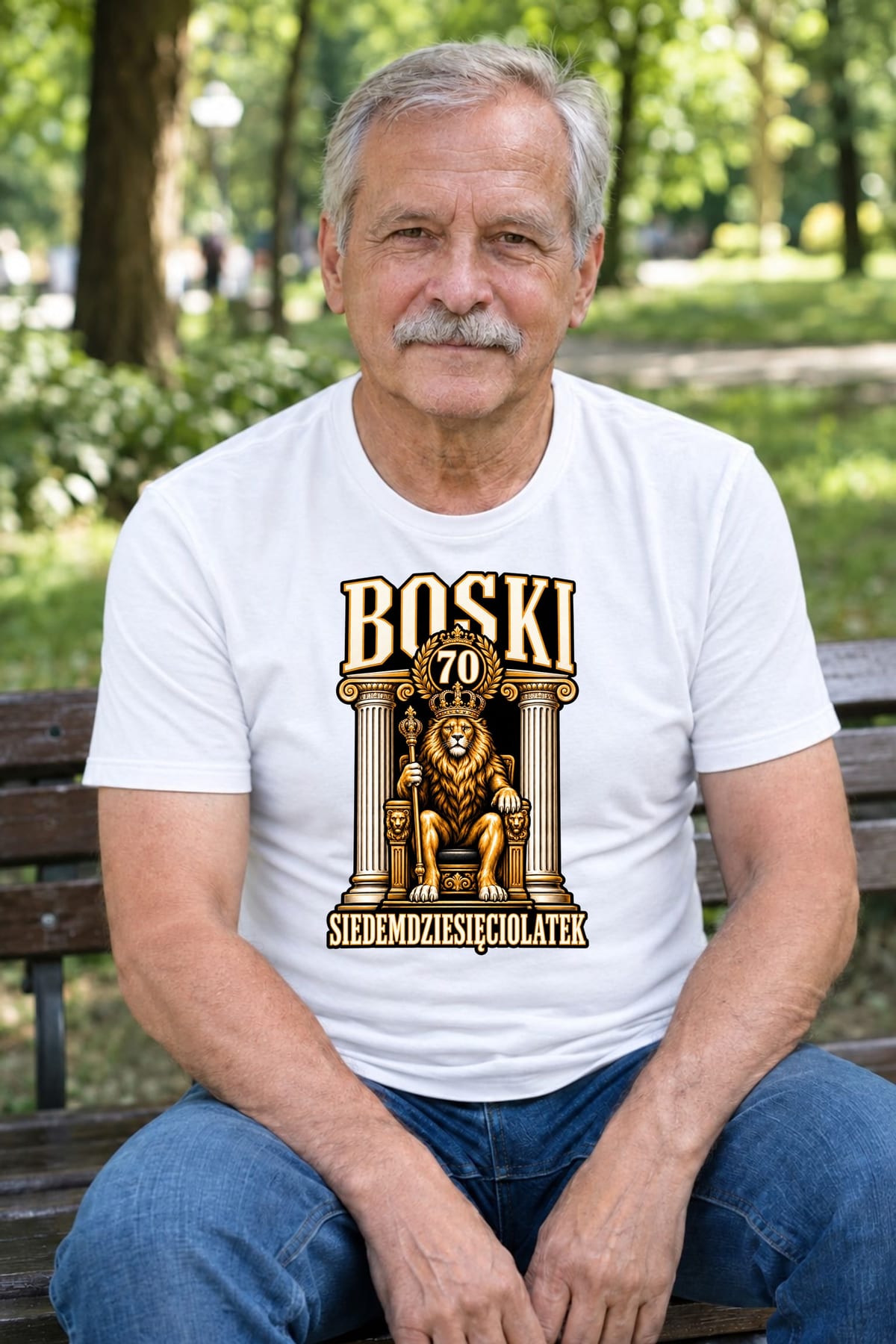 Koszulka męska biała boski siedemdziesięciolatek na 70 urodziny lew, zdjęcie 1
