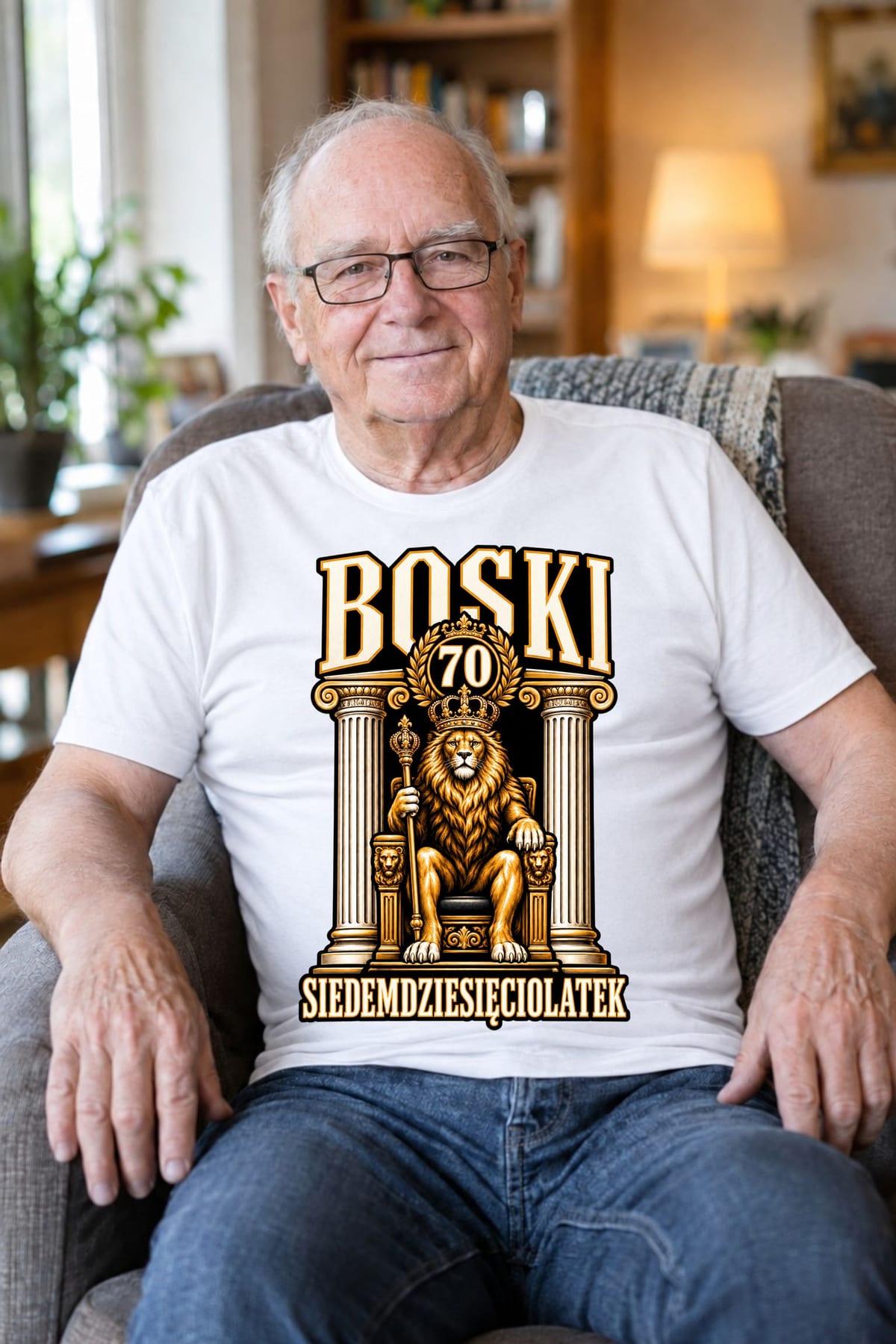 Koszulka męska biała boski siedemdziesięciolatek na 70 urodziny lew, zdjęcie 4