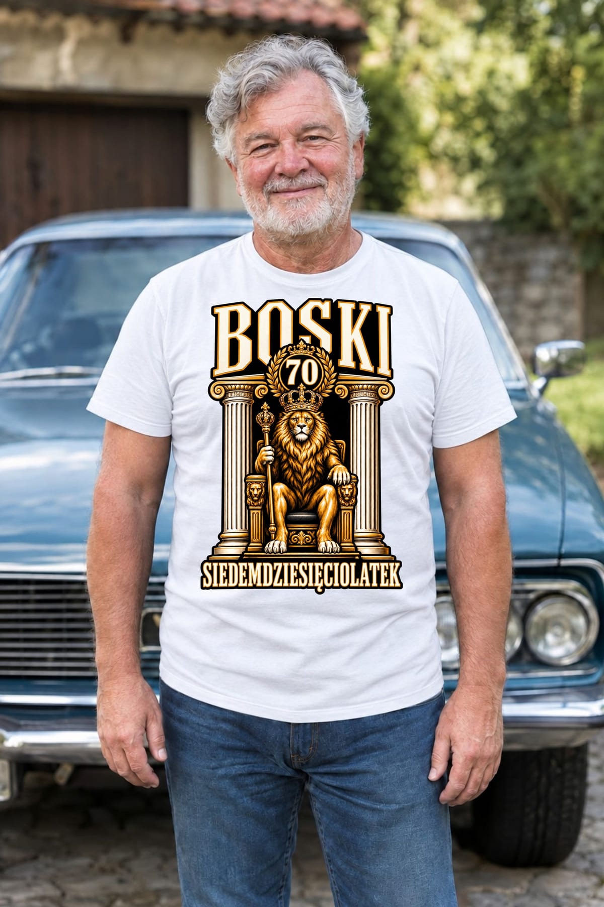 Koszulka męska biała boski siedemdziesięciolatek na 70 urodziny lew, zdjęcie 8