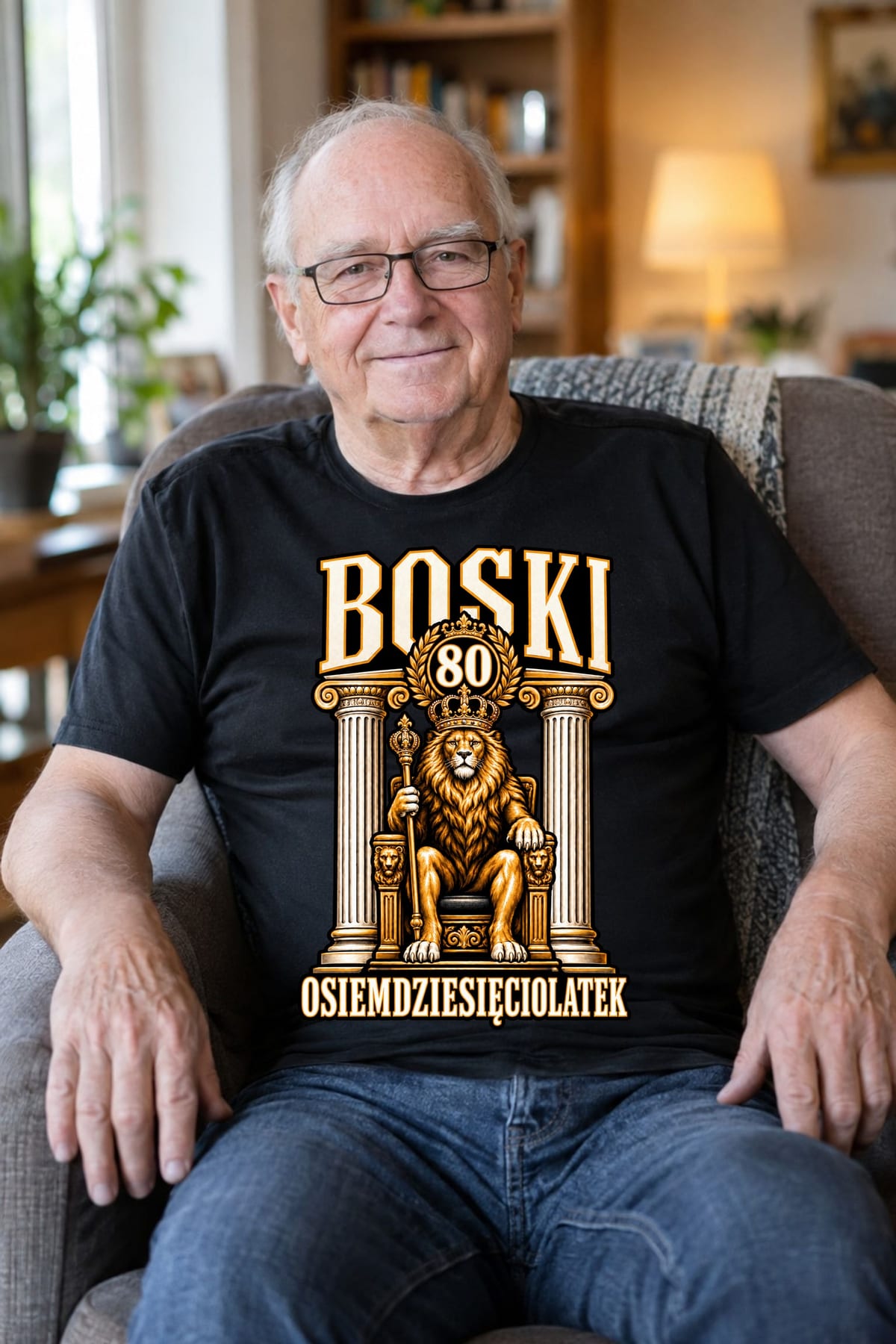 Koszulka męska czarna na 80 urodziny lew król boski prezent, zdjęcie 8