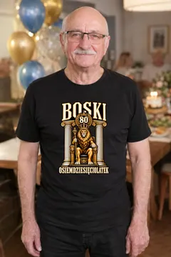Koszulka męska czarna na 80 urodziny lew król boski prezent