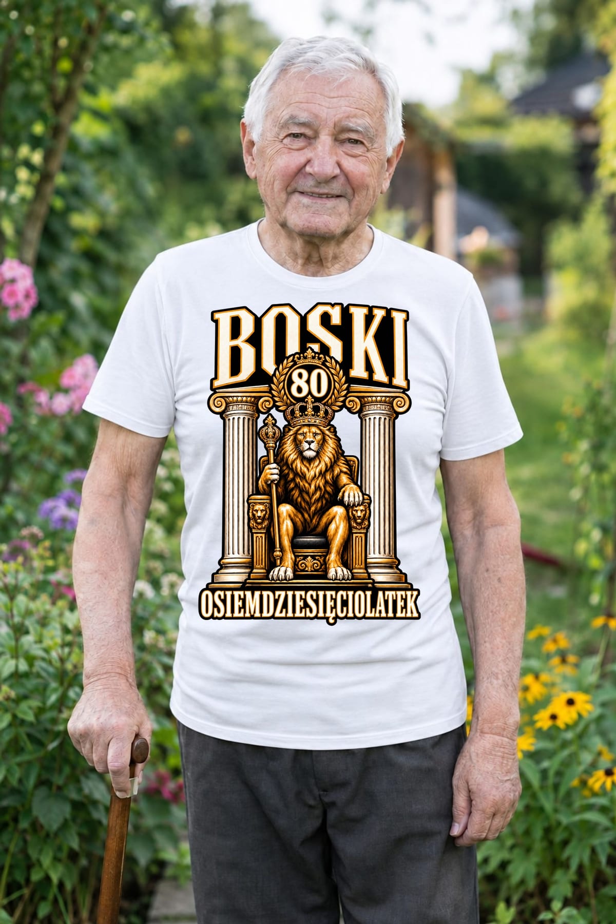 Koszulka męska biała na 80 urodziny lew król boski prezent, zdjęcie 1
