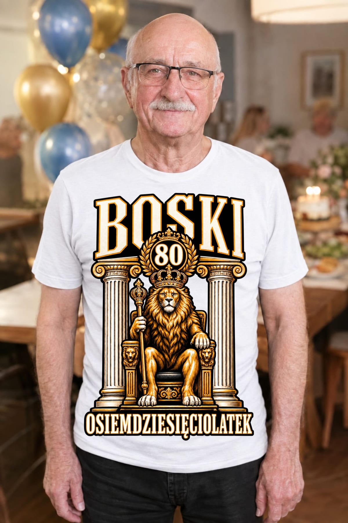 Koszulka męska biała na 80 urodziny lew król boski prezent, zdjęcie 3