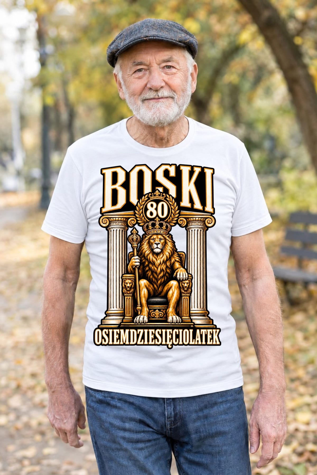 Koszulka męska biała na 80 urodziny lew król boski prezent, zdjęcie 4