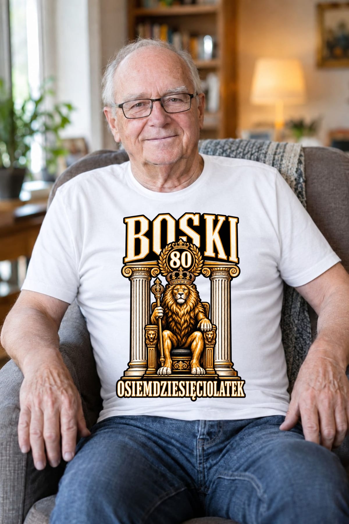 Koszulka męska biała na 80 urodziny lew król boski prezent, zdjęcie 7