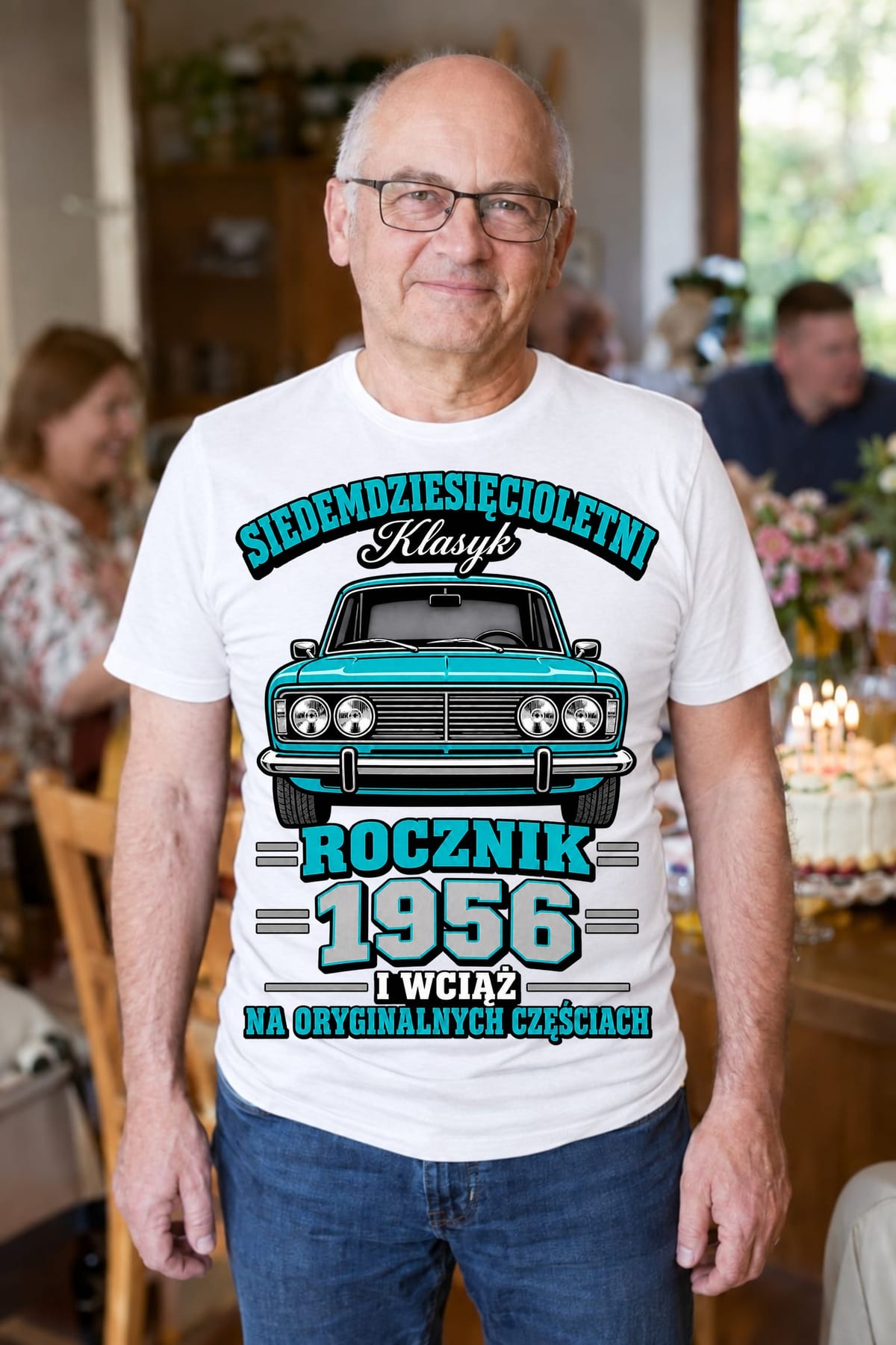 Koszulka męska biała na 70 urodziny rocznik 1956 Duży Fiat prezent, zdjęcie 3
